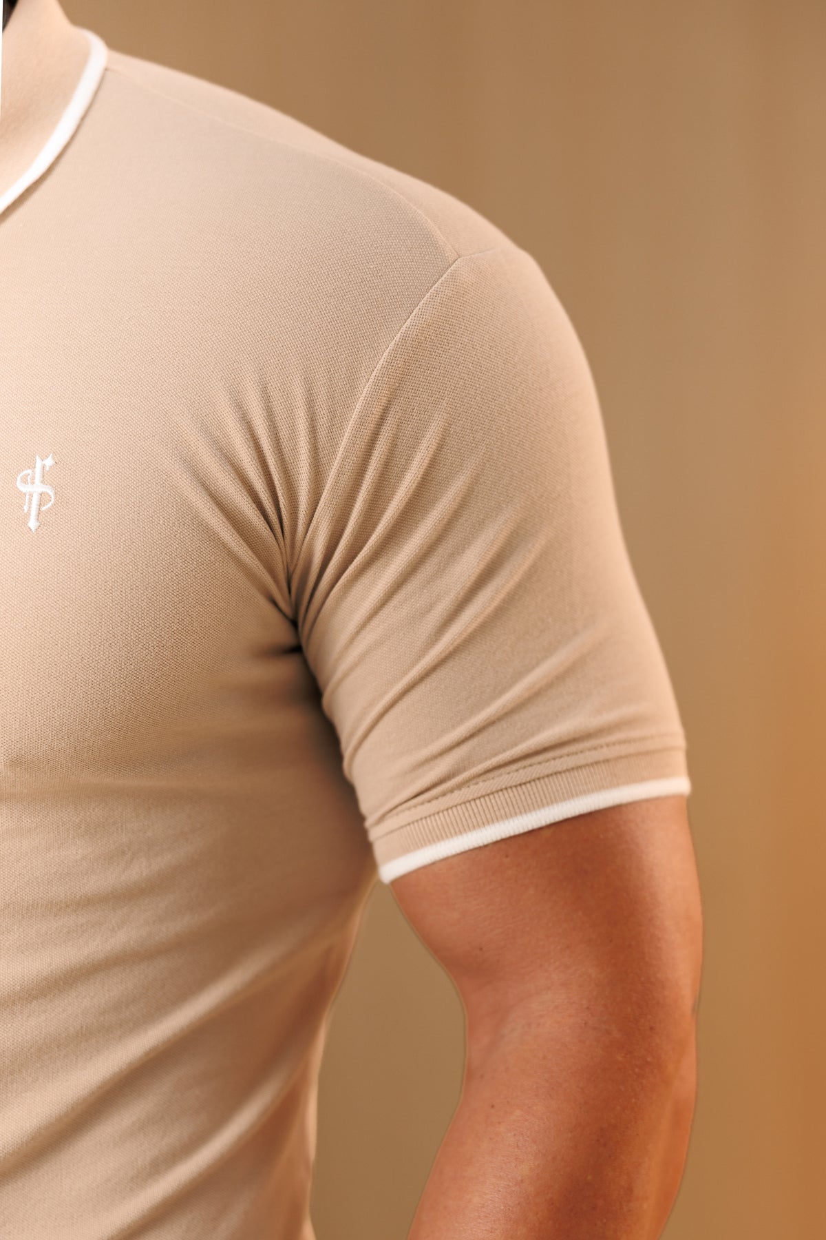 Beige / White Polo Shirt With Contrast Collar and Sleeve - FSH1672