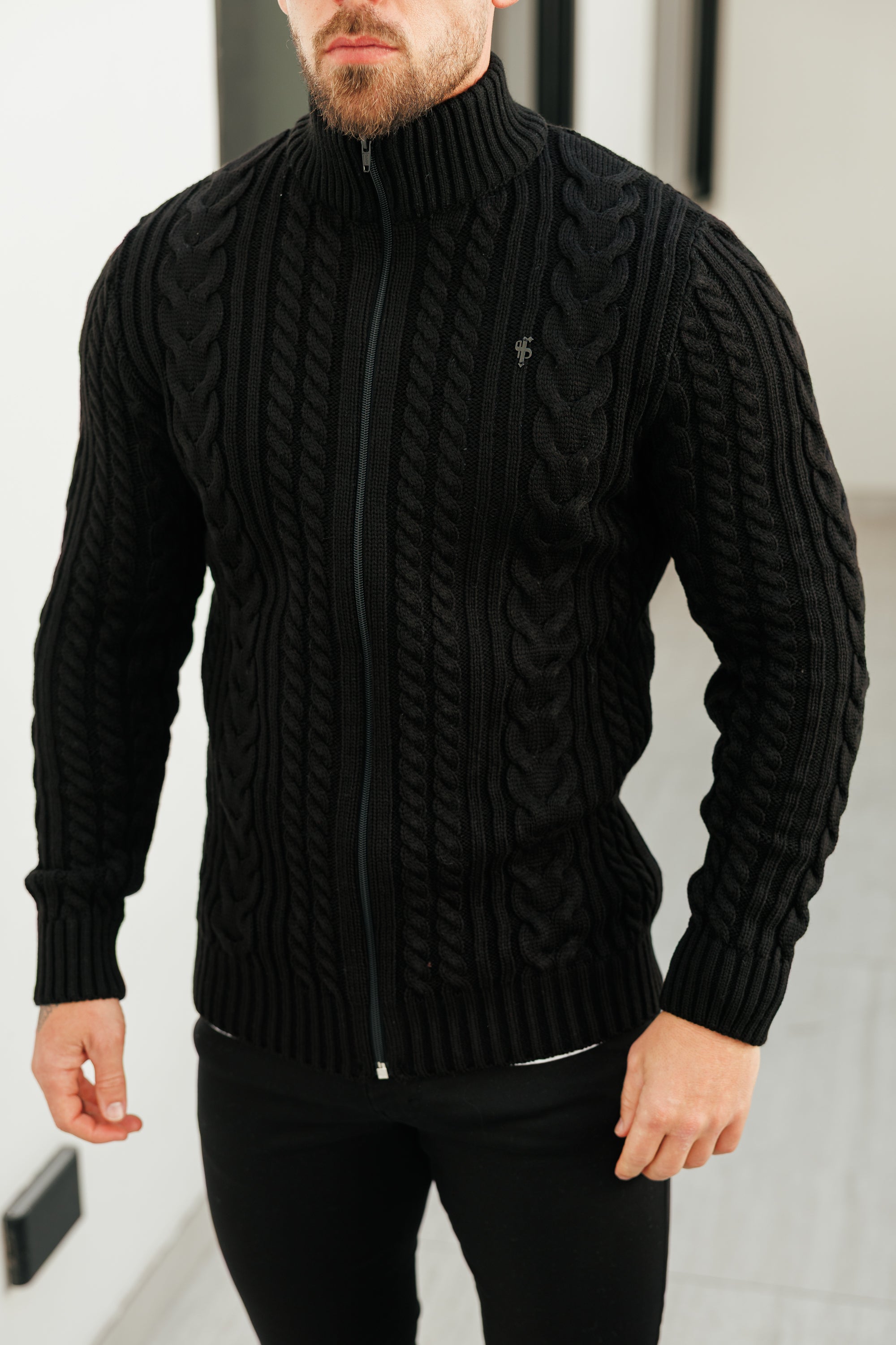 Funnel Neck Full Zip Cardigan Black -  FSJ144