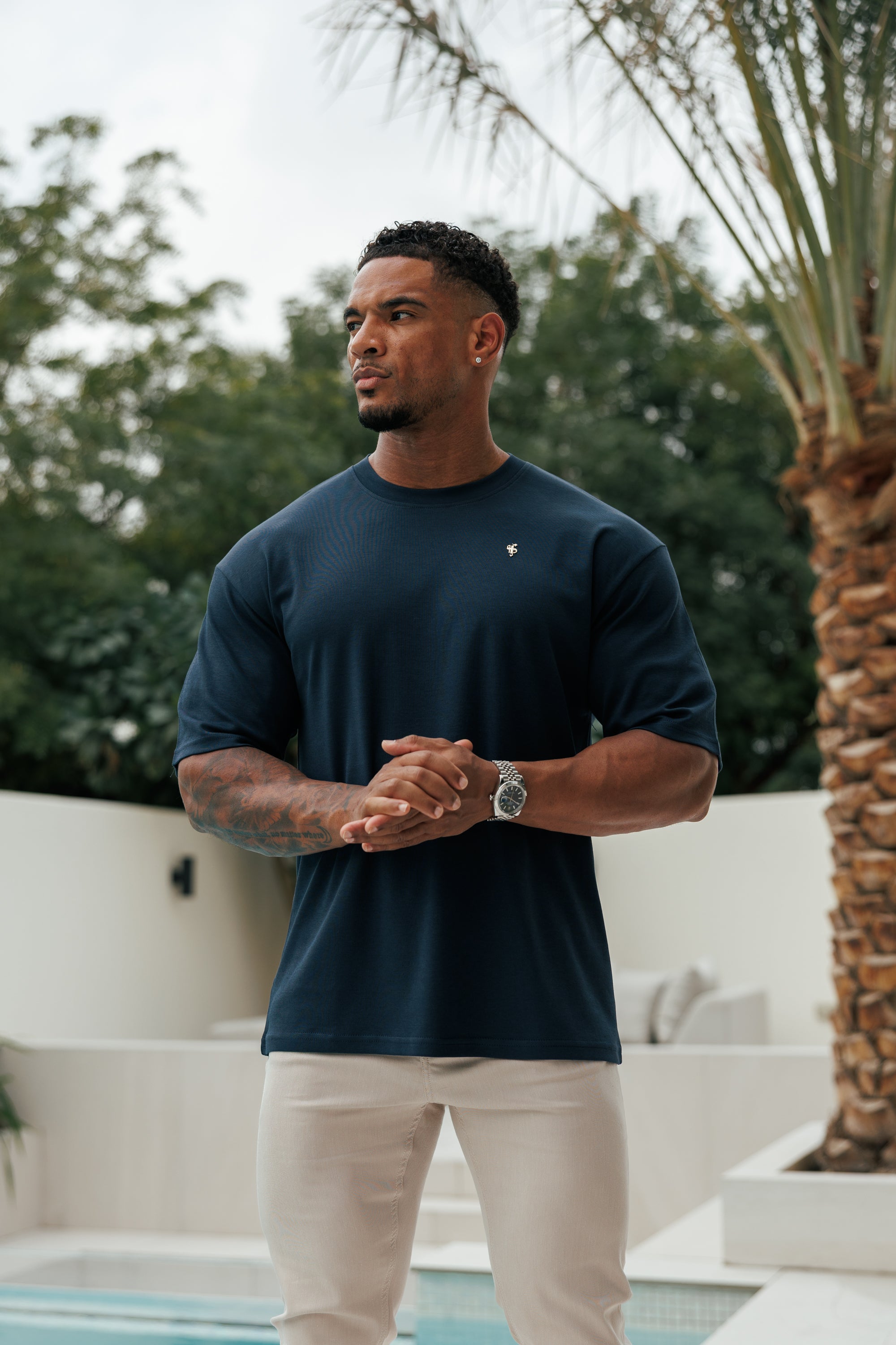Navy / Gold Oversized Crew T Shirt - FSH1422