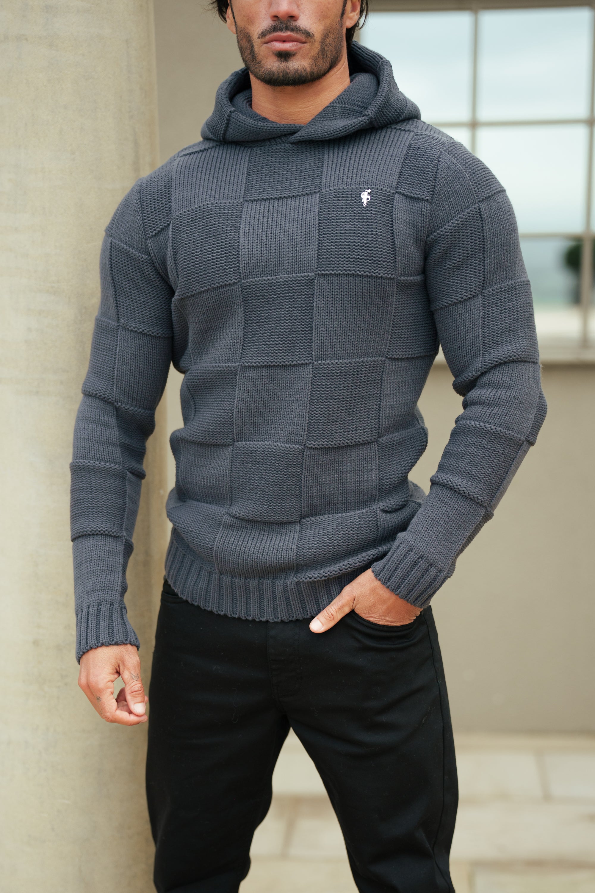 Gunmetal Checkerboard Knitted Hoodie - FSJ136