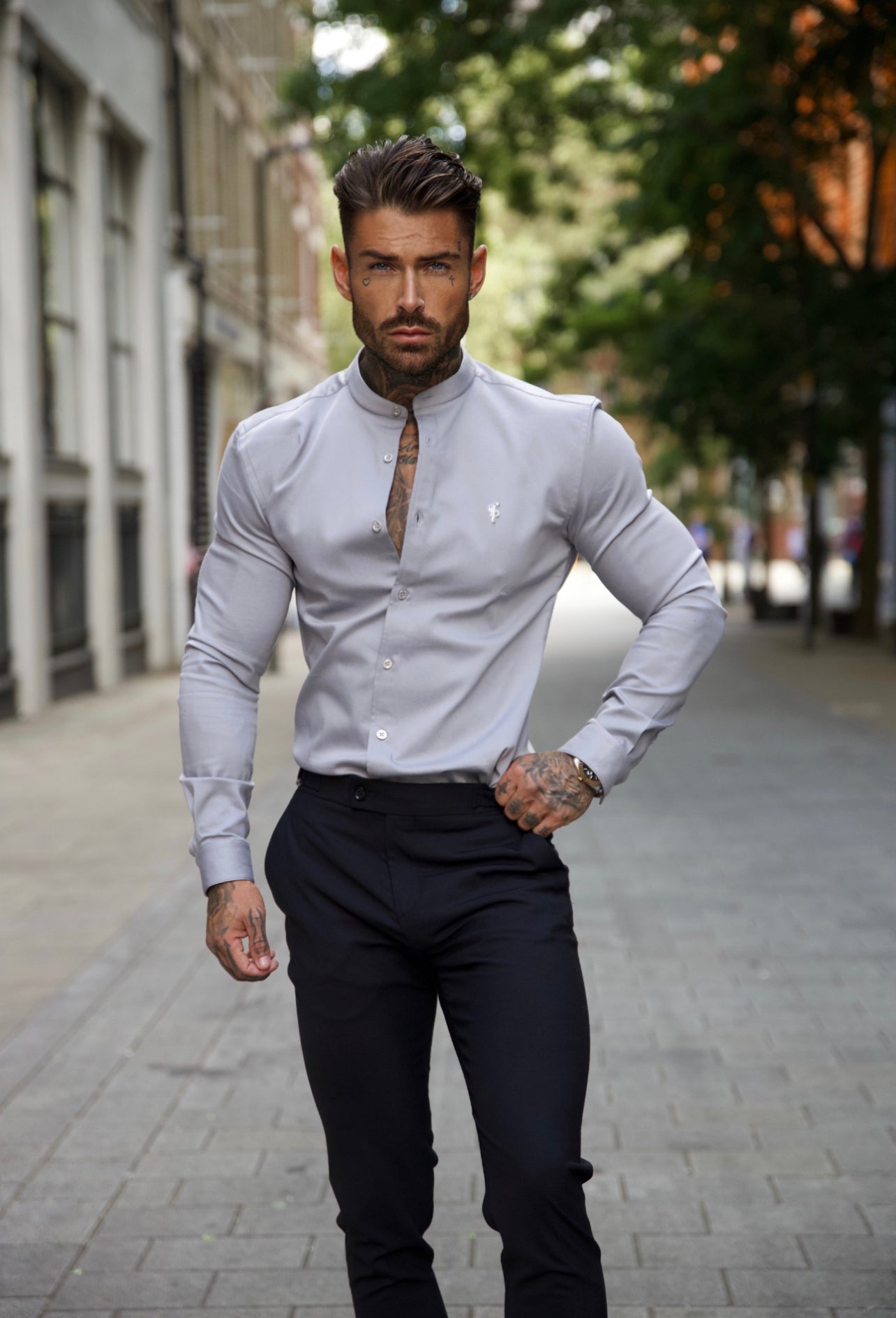 Super Slim Stretch Grey Denim Long Sleeve With Grandad Collar and Silver Metal Buttons and Decal  - FS962