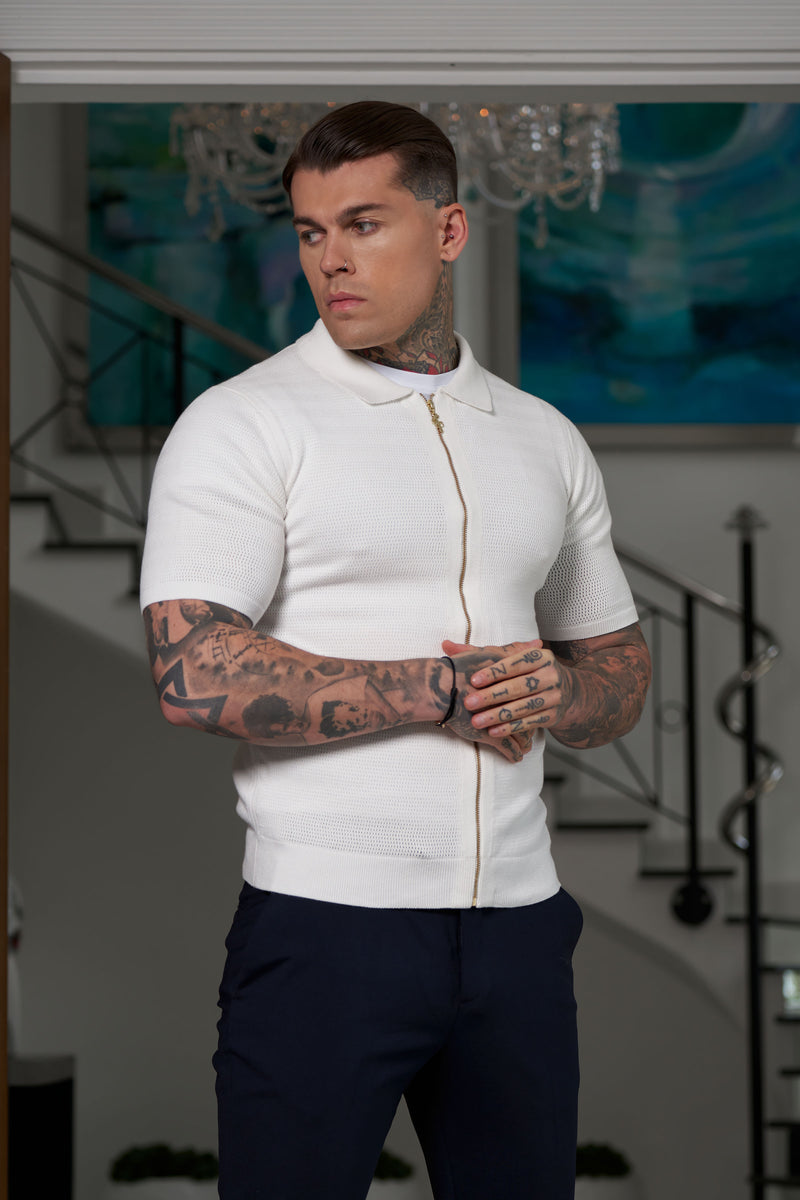 Father Sons Classic Knitted Textured Design With Full Length Zip Off White Short Sleeve - FSN152