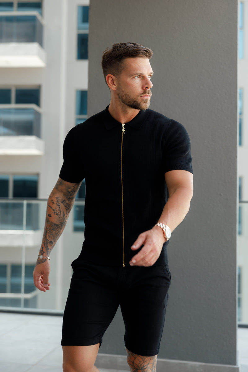 Father Sons Classic Knitted Geo Design With Full Length Zip Black Short Sleeve - FSN147