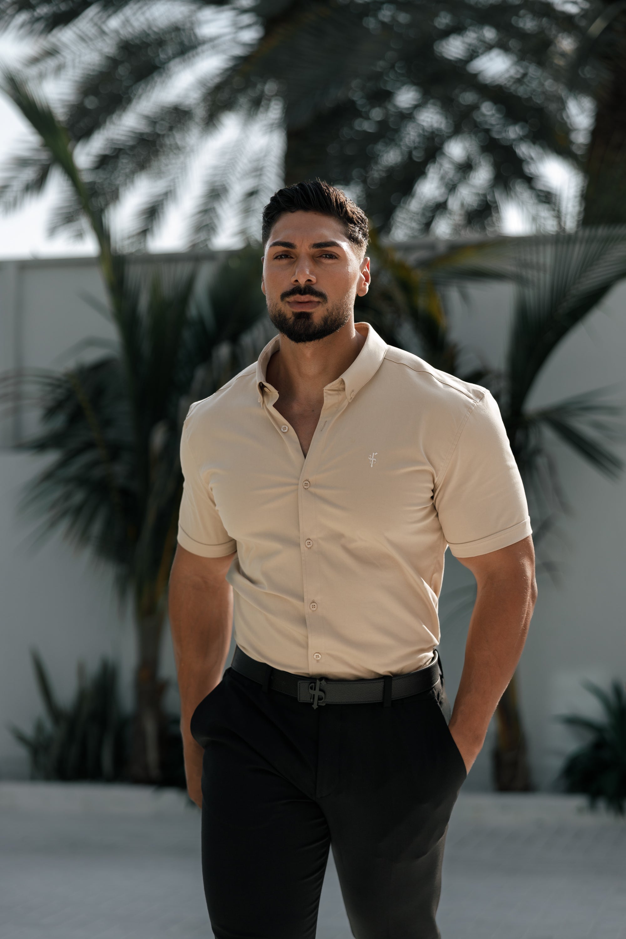 Super Slim Stretch Plain Beige Short Sleeve With Button Down Collar - FS982