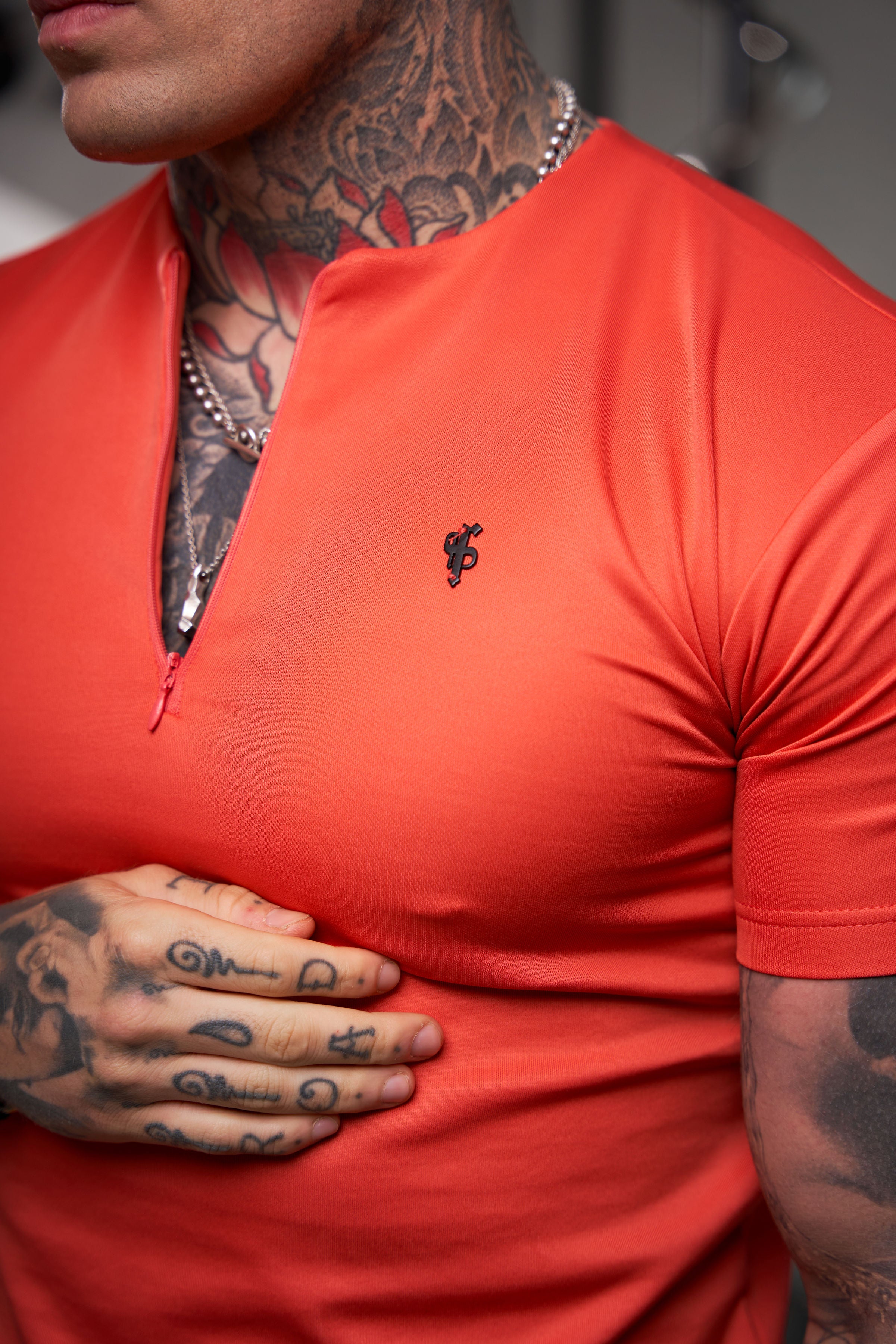 Scuba Coral / Black Crew T Shirt With Zip Detail Short Sleeve - FSH1036