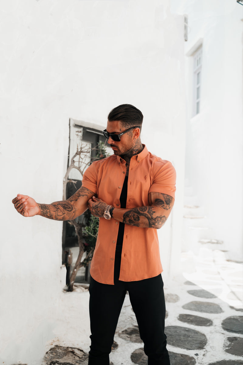 Father Sons Super Slim Stretch Plain Terracotta Short Sleeve With Button Down Collar - FS984