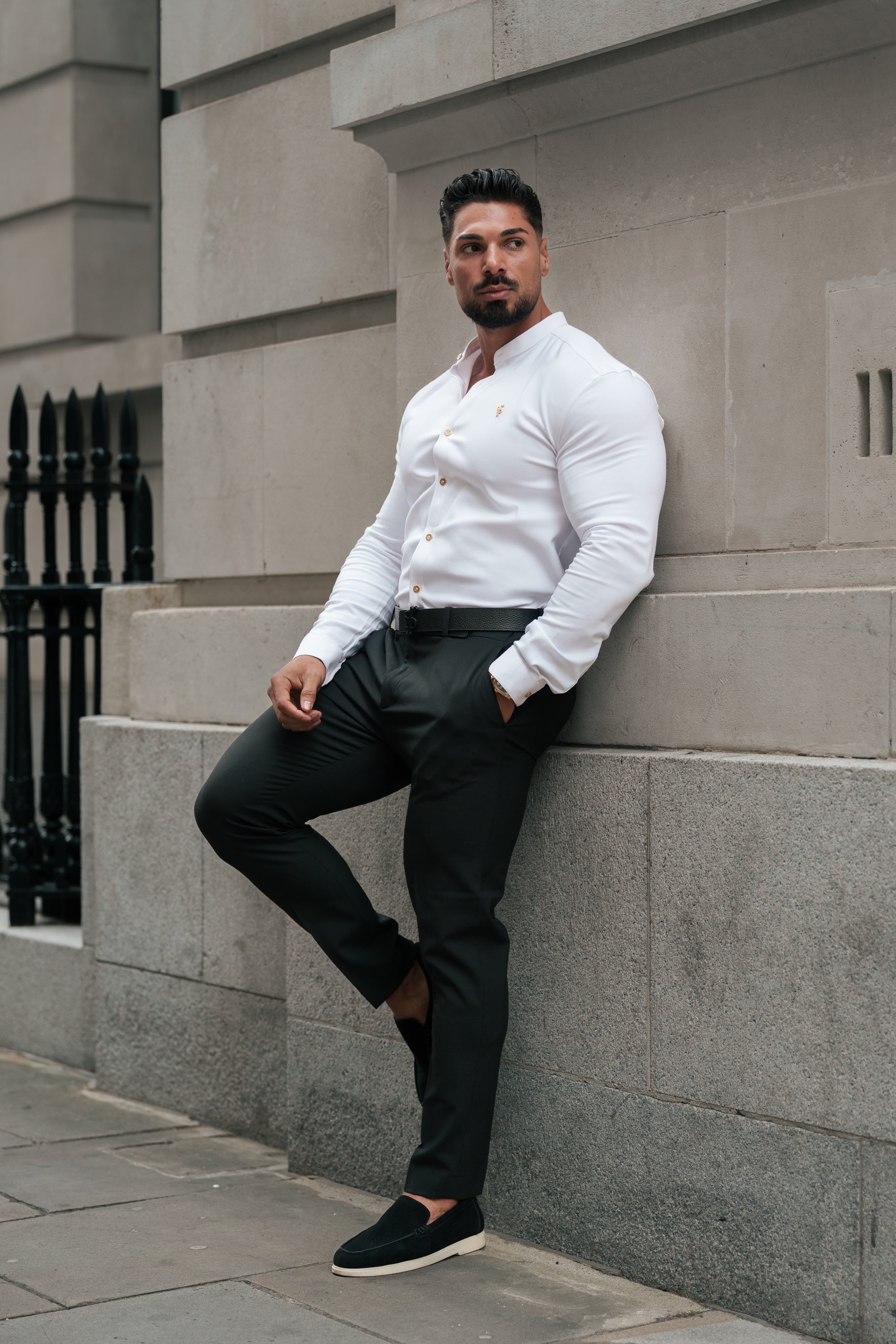 Super Slim Scuba White / Gold Long Sleeve Stretch with Grandad Collar - FS1193