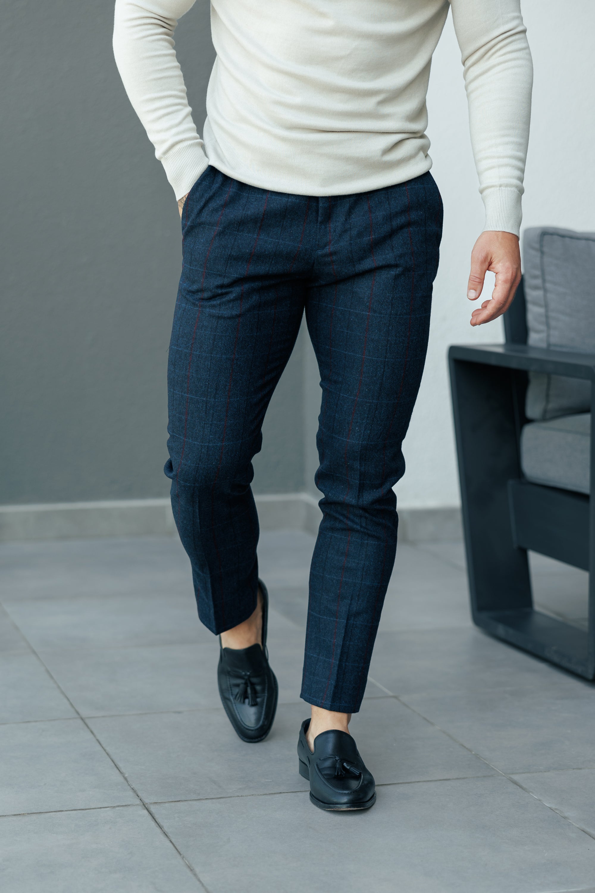 Relaxed Formal Navy / Burgundy Check Trouser - FSTR016