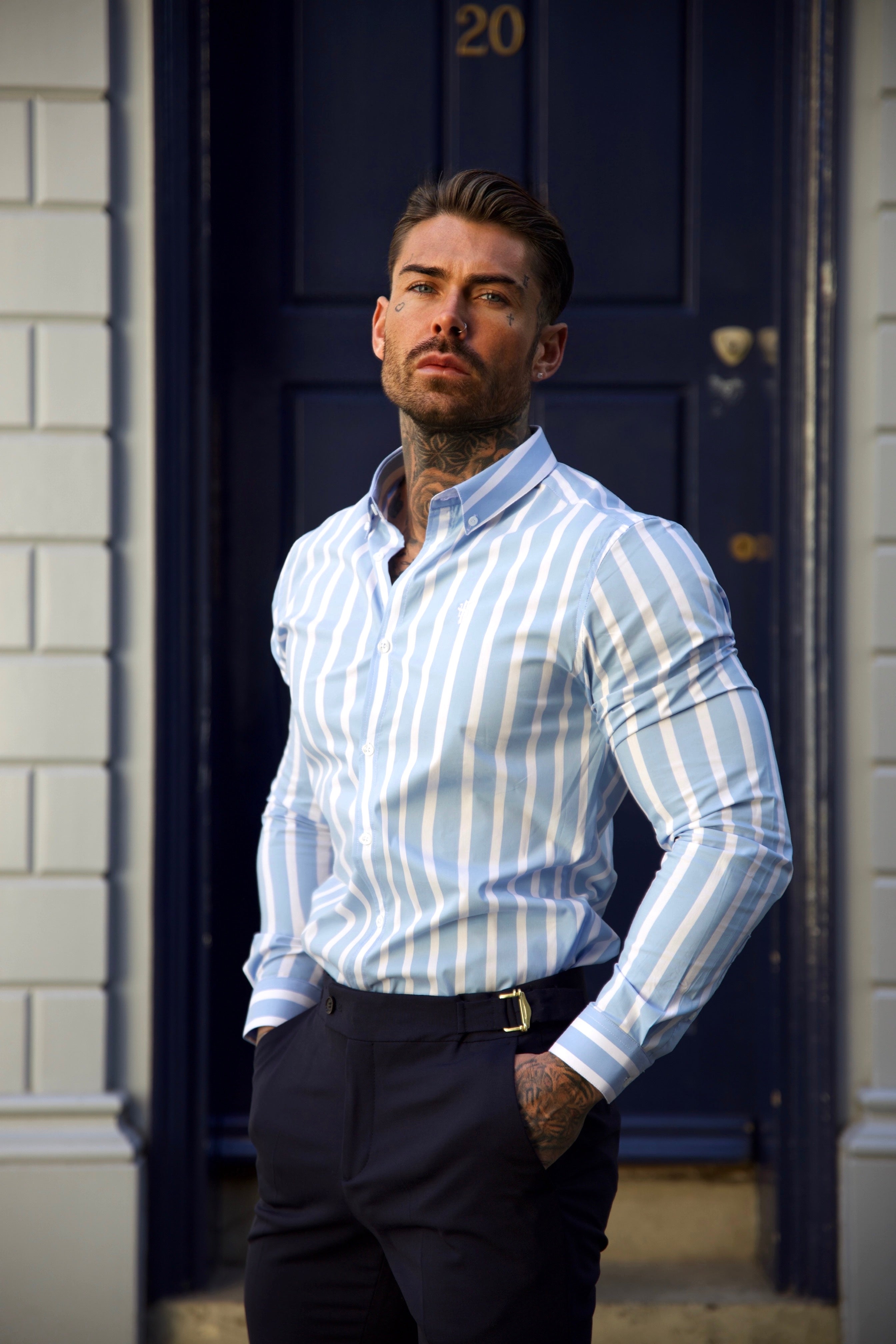 Classic Light Blue and White Deckchair Woven Stripe Long Sleeve - FS977