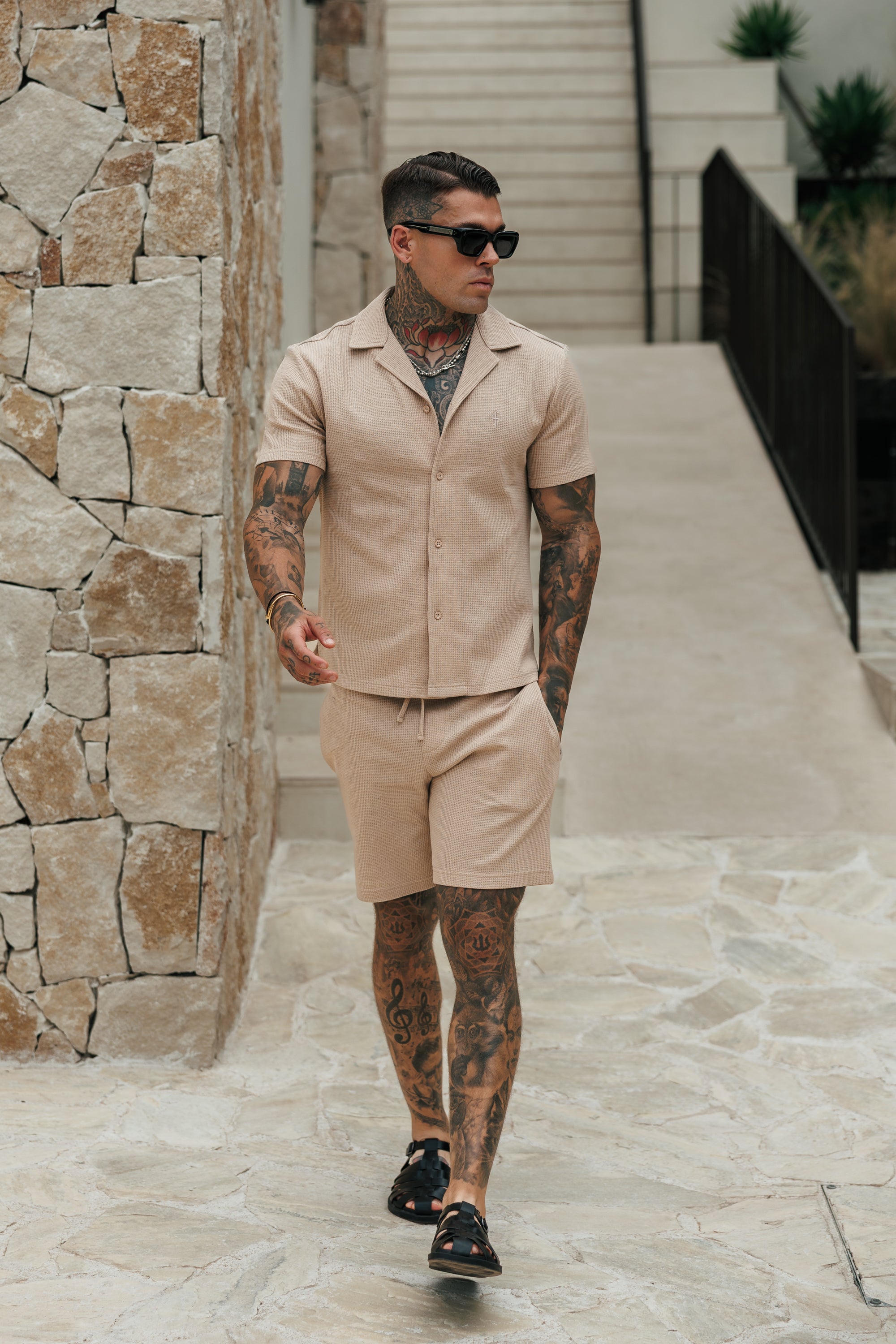 Waffle Shorts With Elasticated Waistband Beige - FSR112 (PRE ORDER 10TH AUGUST)