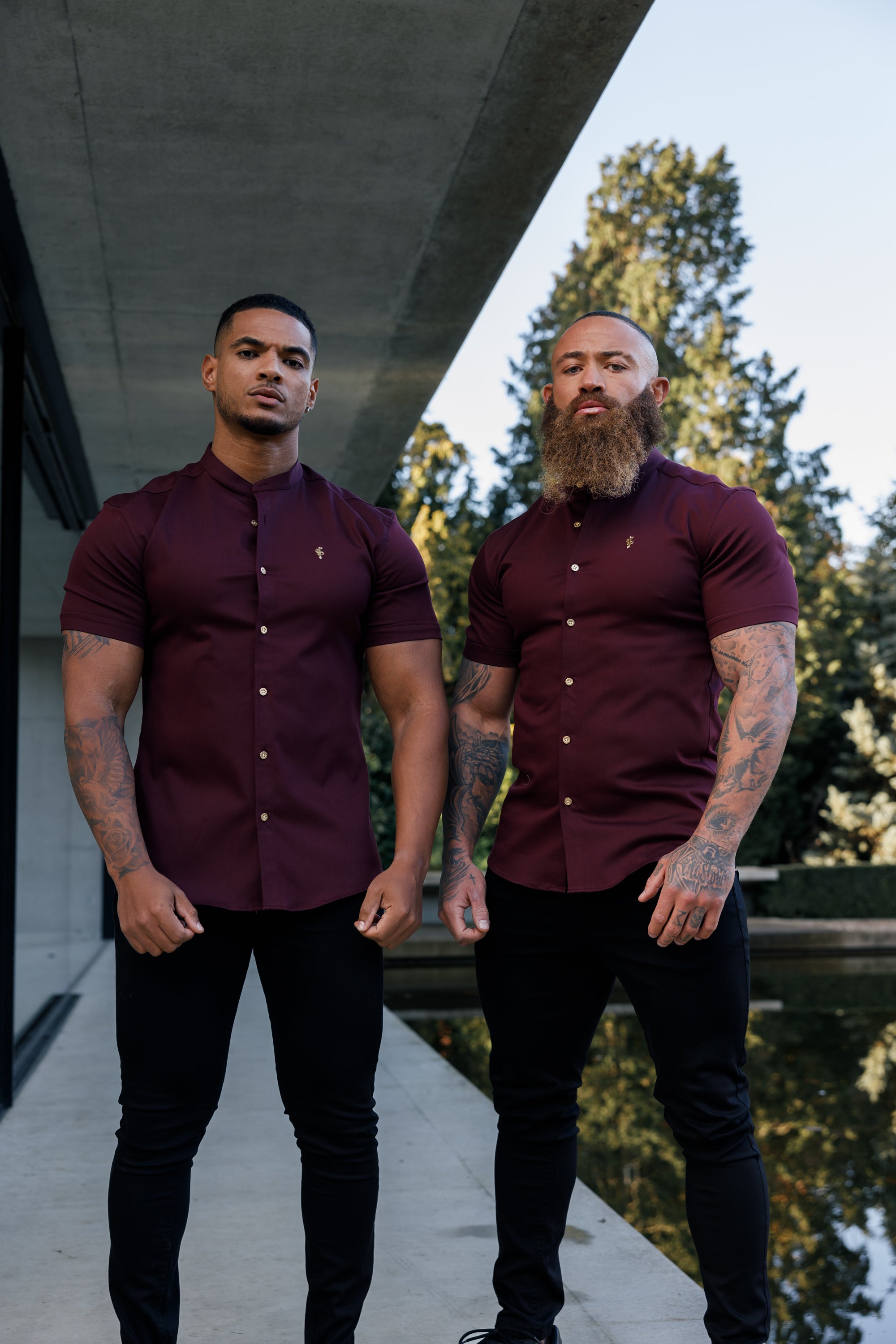 Super Slim Stretch Burgundy Denim Short Sleeve Grandad collar with Metal Buttons and Decal Emblem - FS722