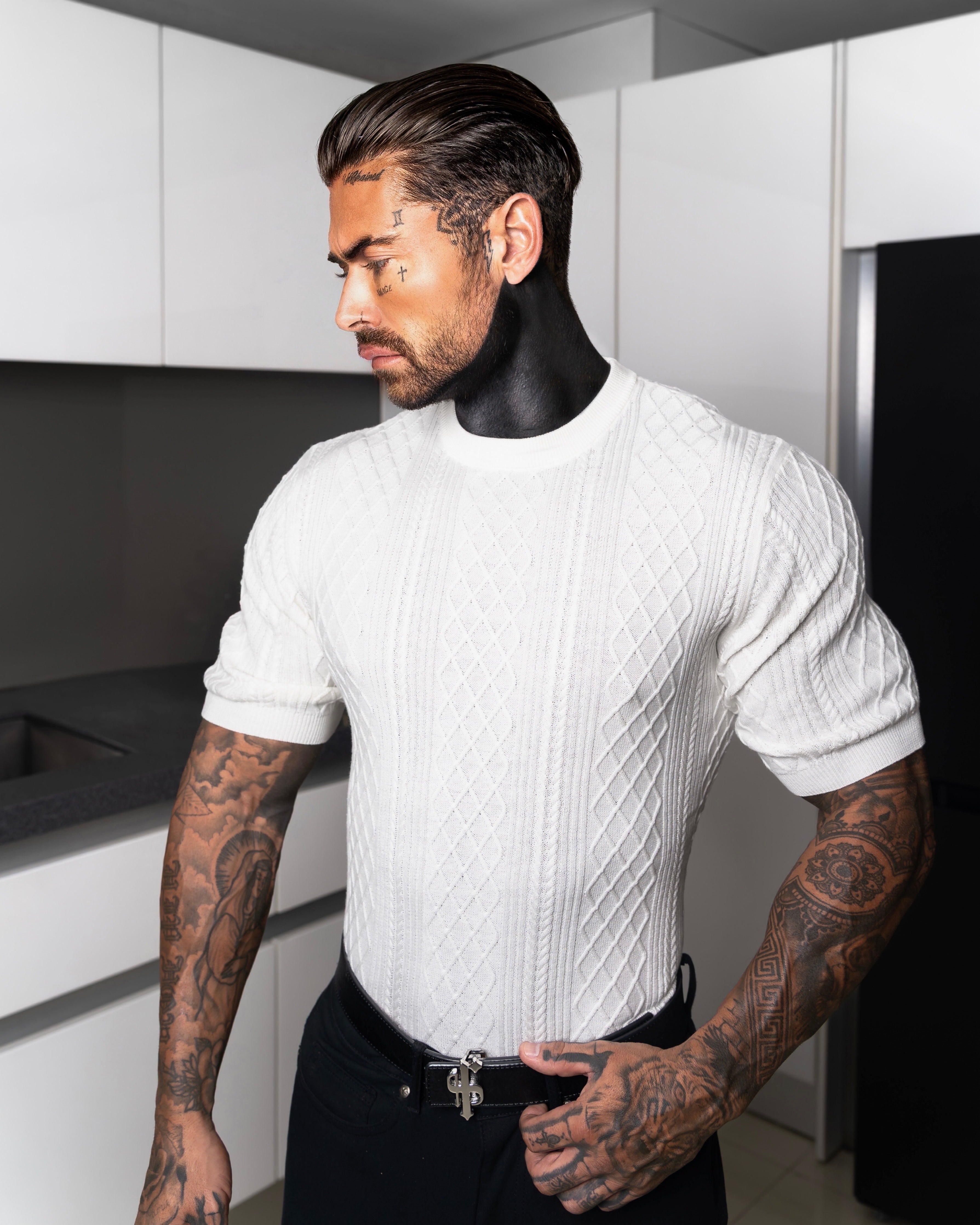 Fine Knit Diamond Off White Jumper Short Sleeve  -  FSA009