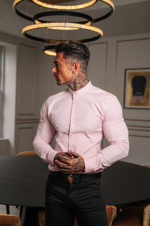 Father Sons Super Slim Stretch Classic Oxford Pink Grandad Collar Long Sleeve - FS952