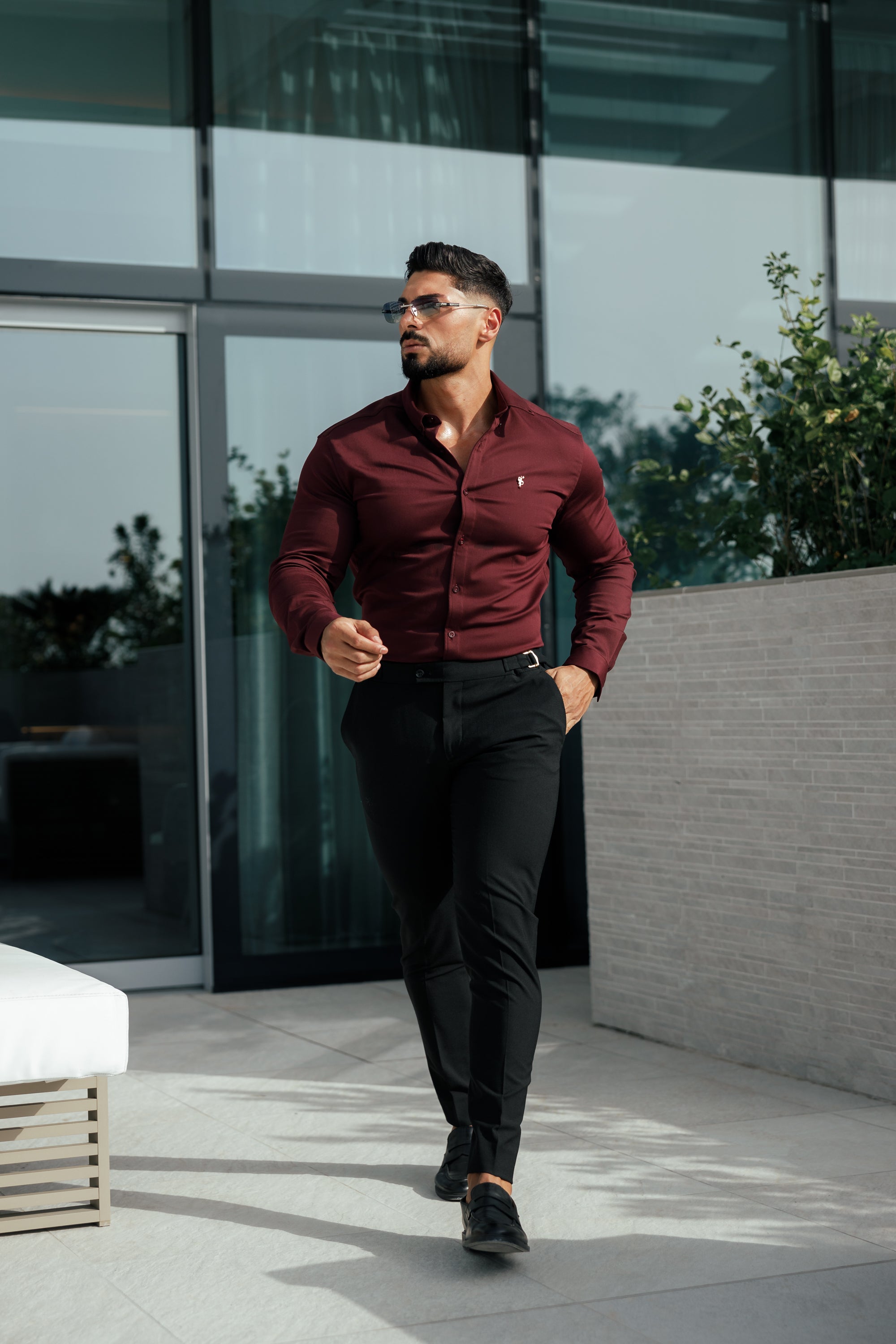 Super Slim Stretch Burgundy Denim Long Sleeve with Gold Metal Decal and Button Down Collar - FS1046