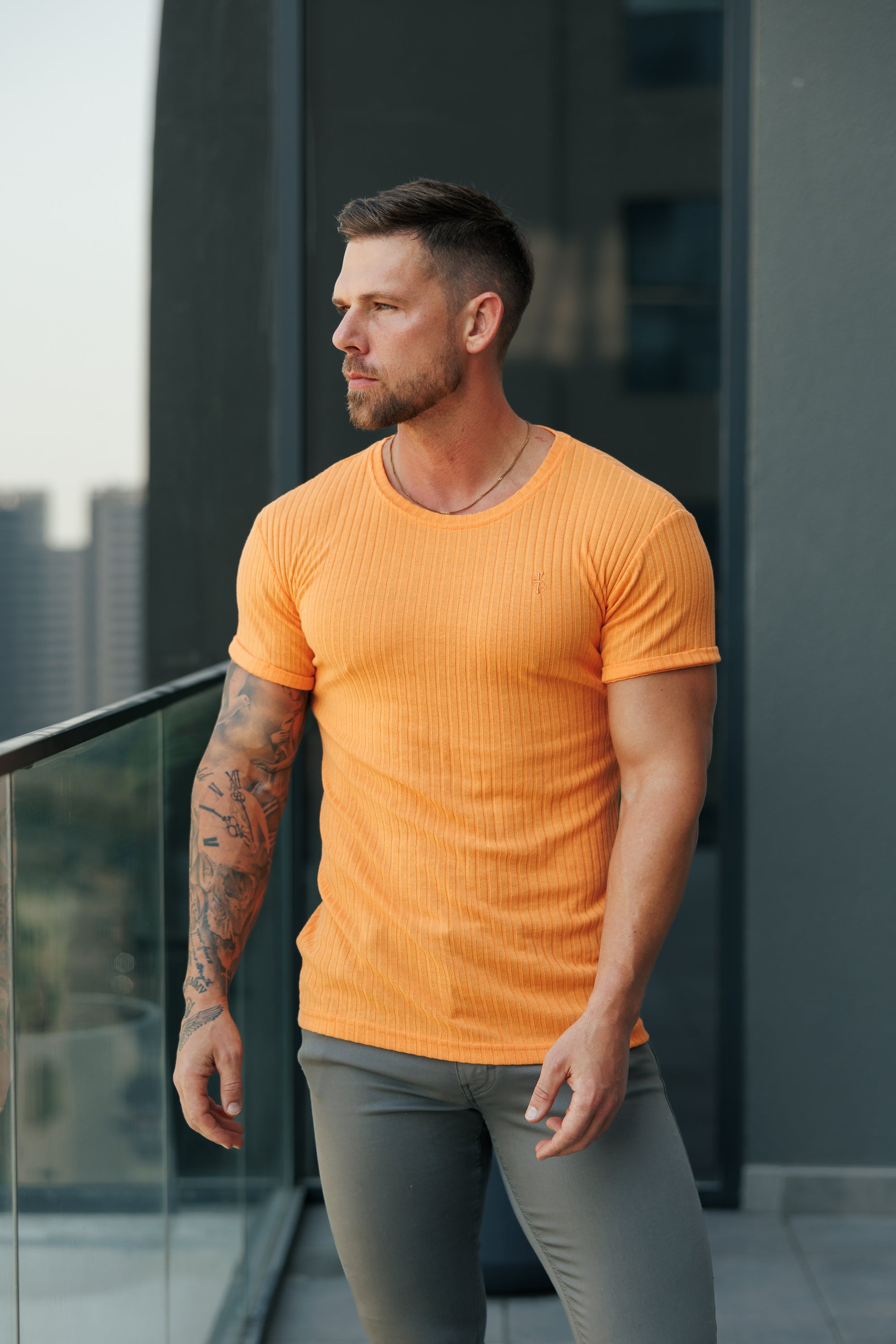 Classic Orange Ribbed Knit Super Slim Short Sleeve Crew - FSH1163