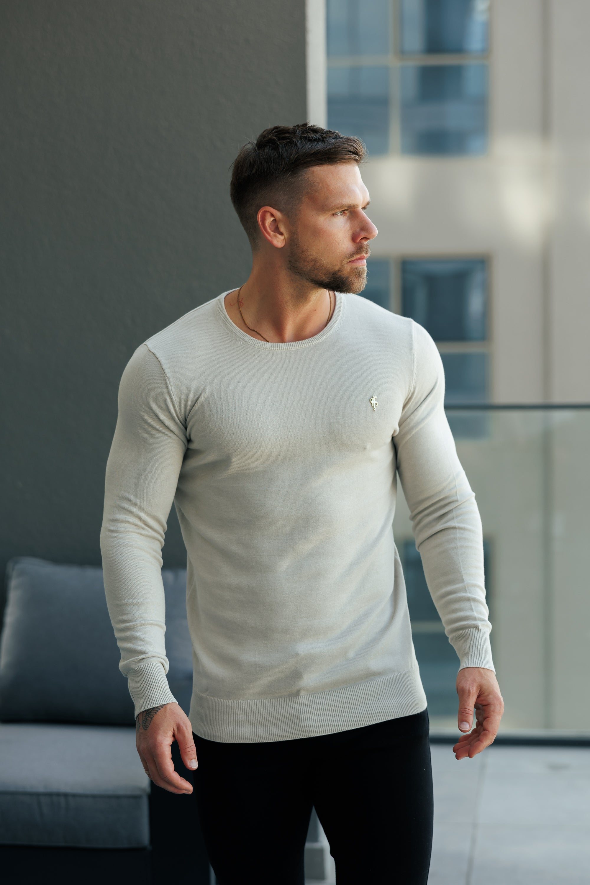 Beige Crew Neck Knitted Jumper With FS Branding - FSN195