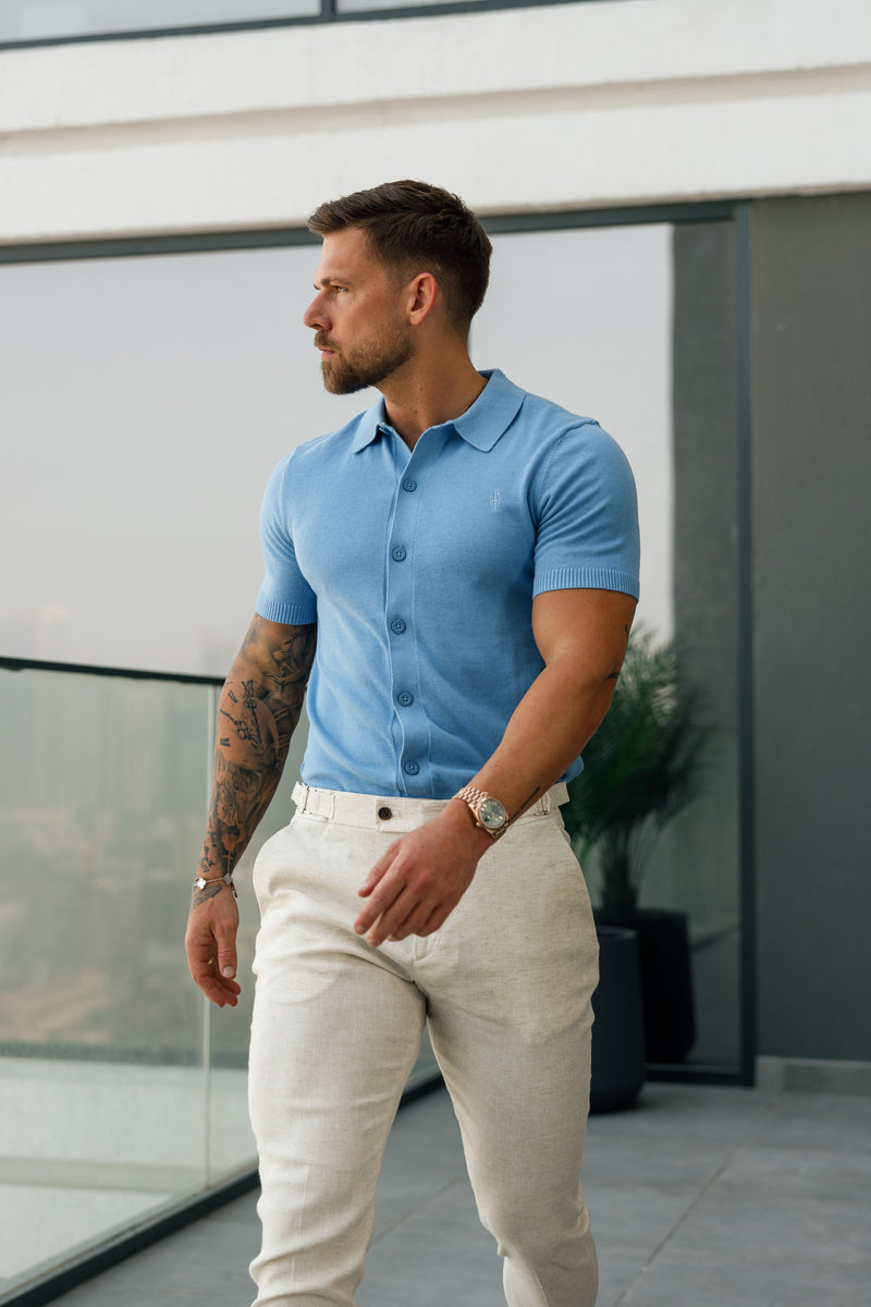 Father Sons Classic Plain Light Blue Knitted Button Through Polo Short Sleeve - FSN161