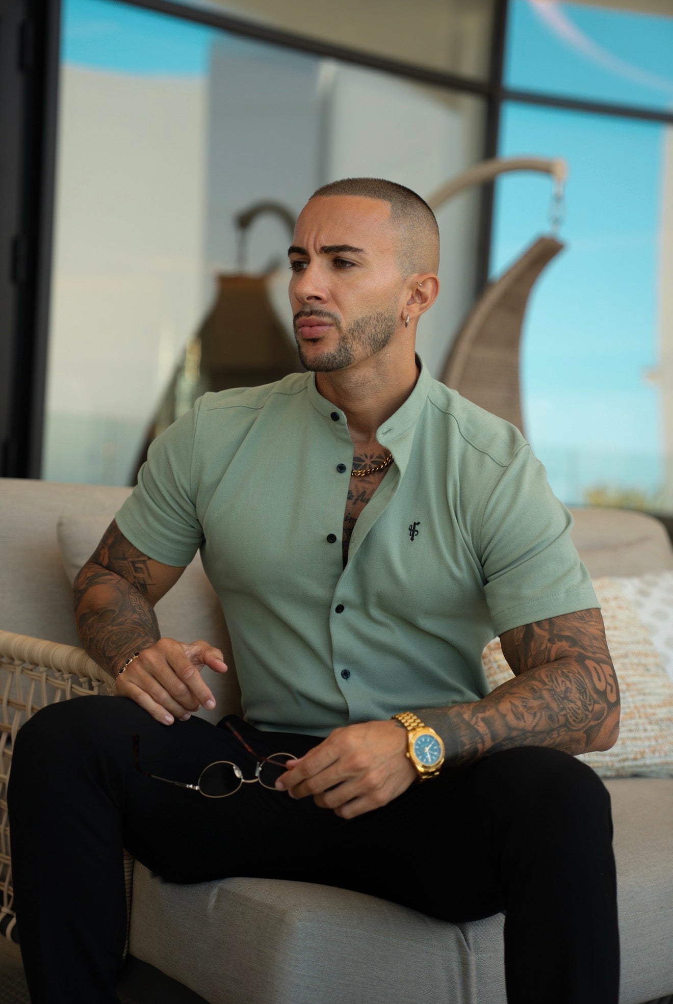 Classic Stretch Khaki / Sage with Grandad Collar Short Sleeve - FS1258