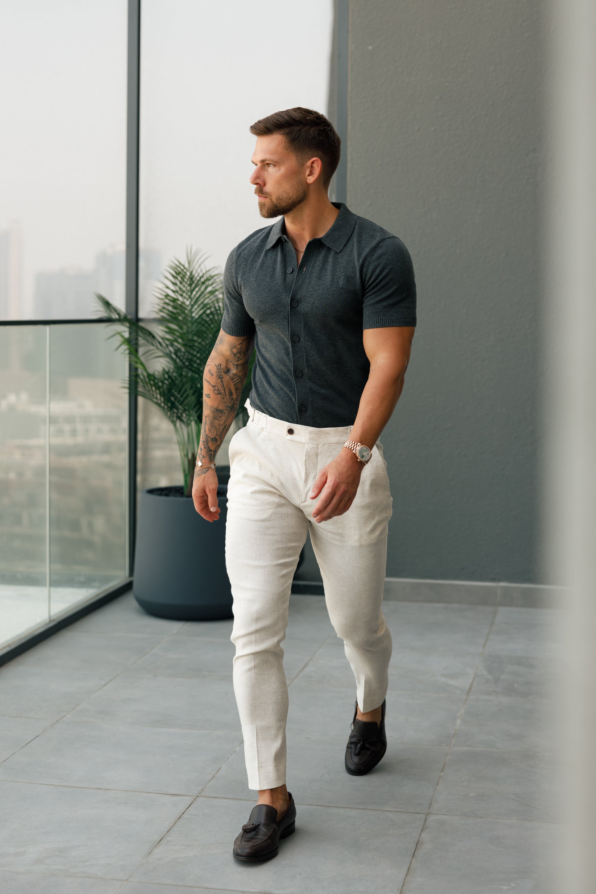Classic Plain Charcoal Knitted Button Through Polo Short Sleeve - FSN160