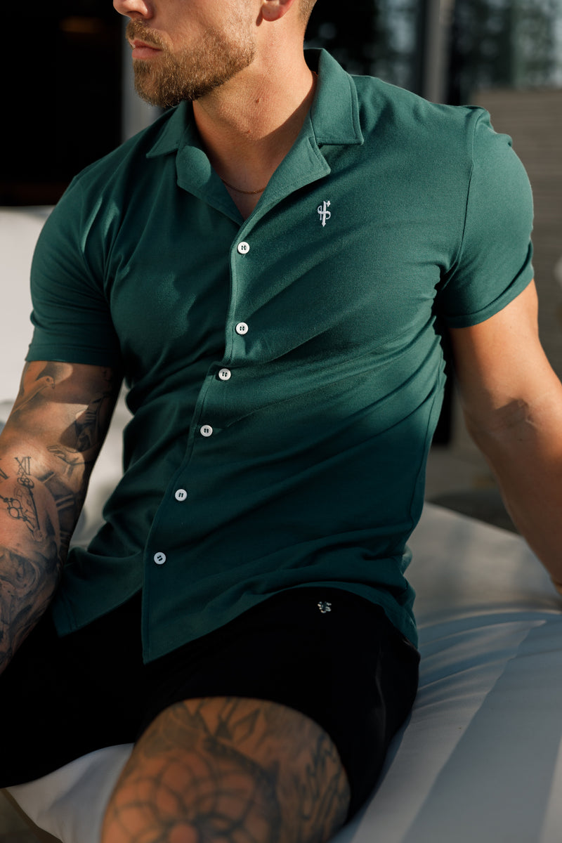 Father Sons Stretch Green Pique Revere Shirt Short Sleeve - FSH1076  (PRE ORDER 11TH JUNE)