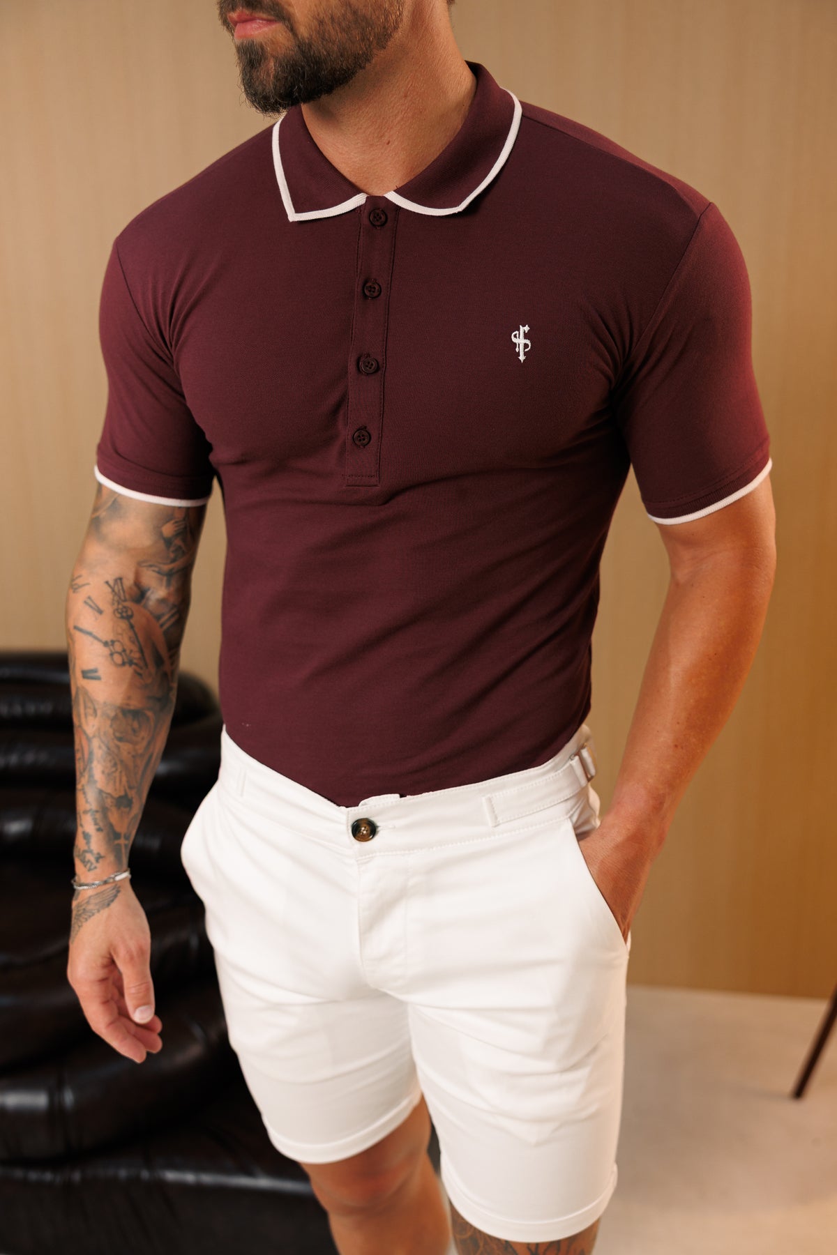 Burgundy / White Polo Shirt With Contrast Collar and Sleeve - FSH1676