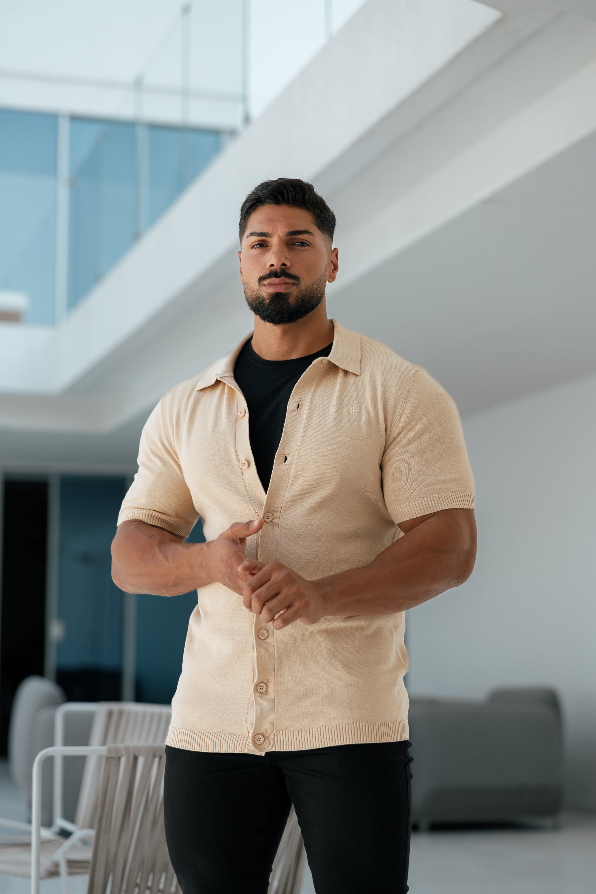 Classic Plain Beige Knitted Button Through Polo Short Sleeve - FSN104