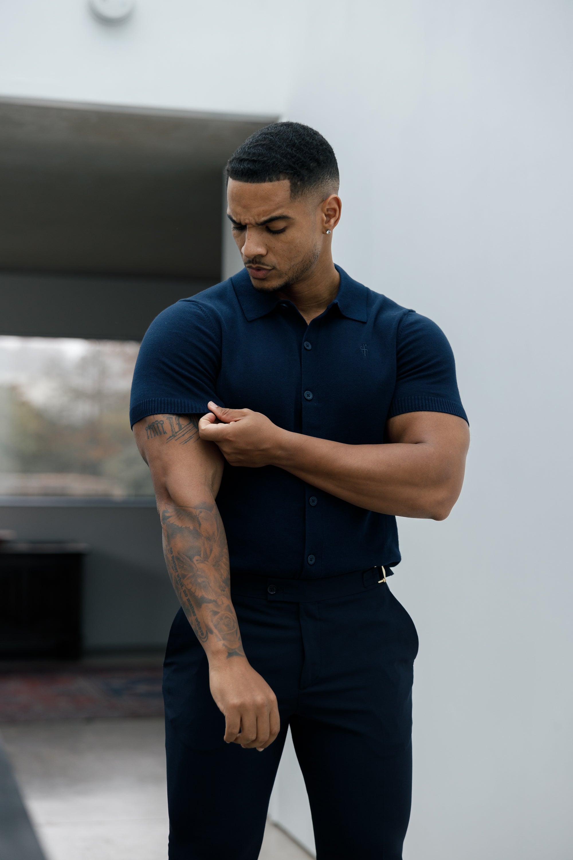 Classic Plain Navy Knitted Button Through Polo Short Sleeve - FSN103