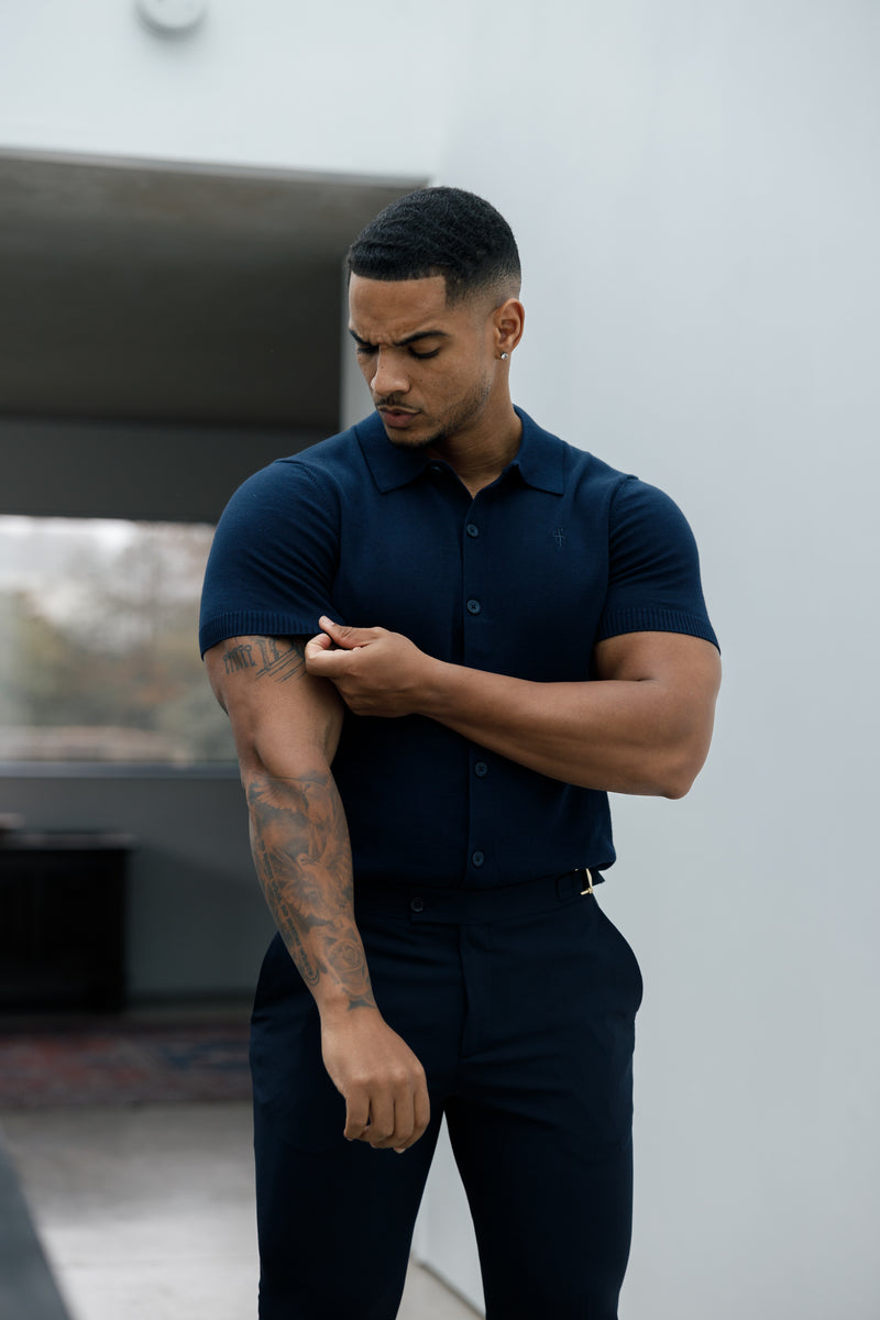 Father Sons Classic Plain Navy Knitted Button Through Polo Short Sleeve - FSN103