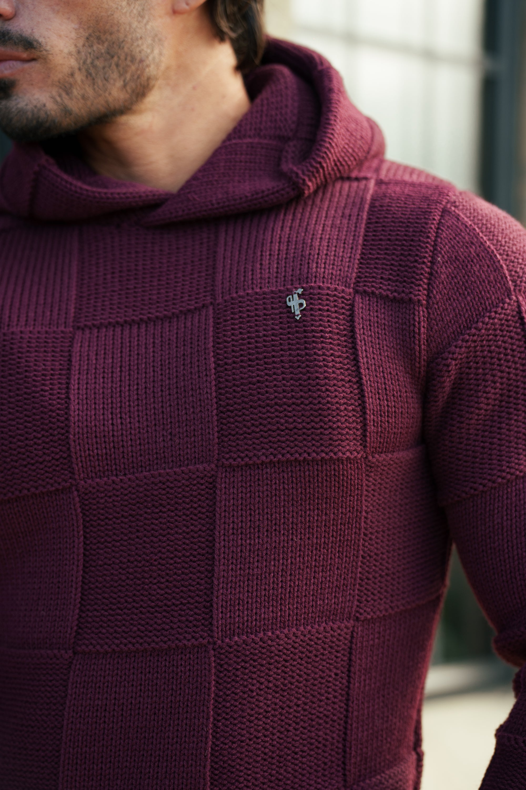 Wine Checkerboard Knitted Hoodie - FSJ139