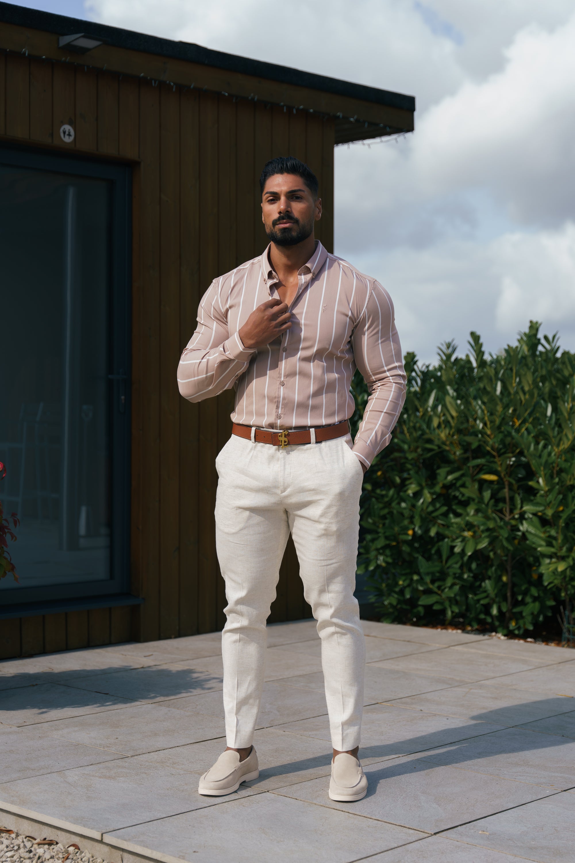 Super Slim Stretch Taupe Printed Wide Stripe Long Sleeve with Button Down Collar - FS1065