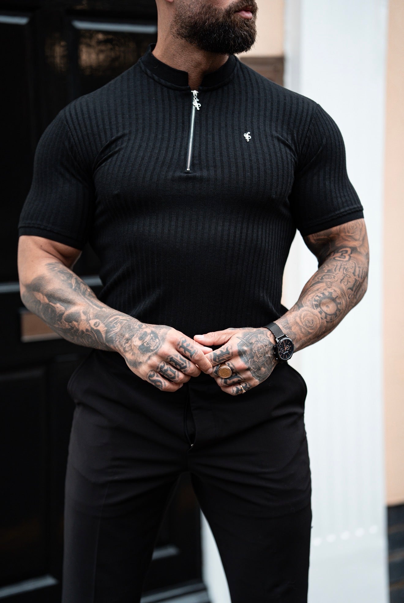 Super Slim Black / Silver  Ribbed Zip Grandad Collar Shirt Short Sleeve - FSH1445