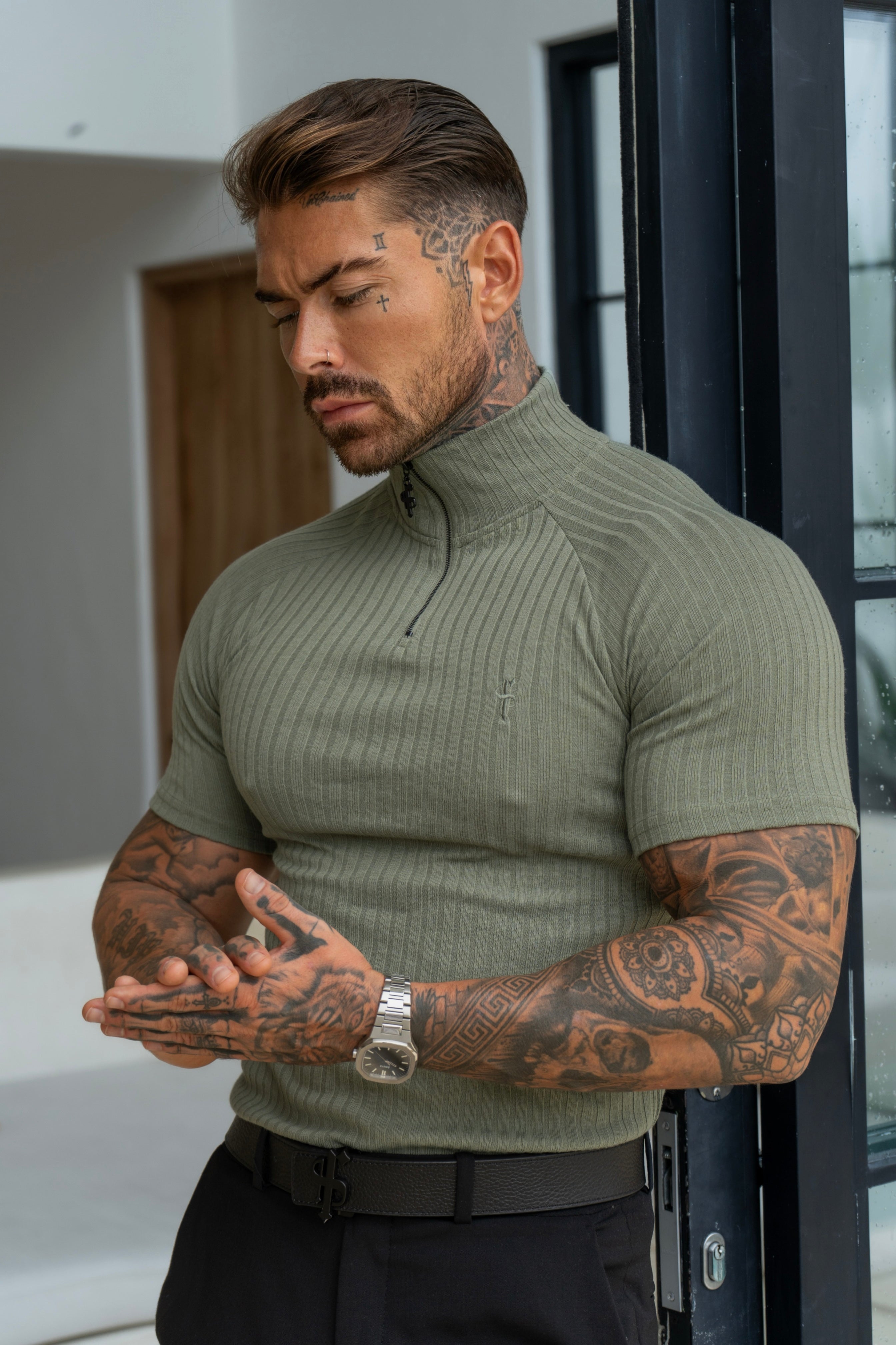 Classic Olive Ribbed Zip Funnel Neck Raglan Short Sleeve Crew - FSH1290