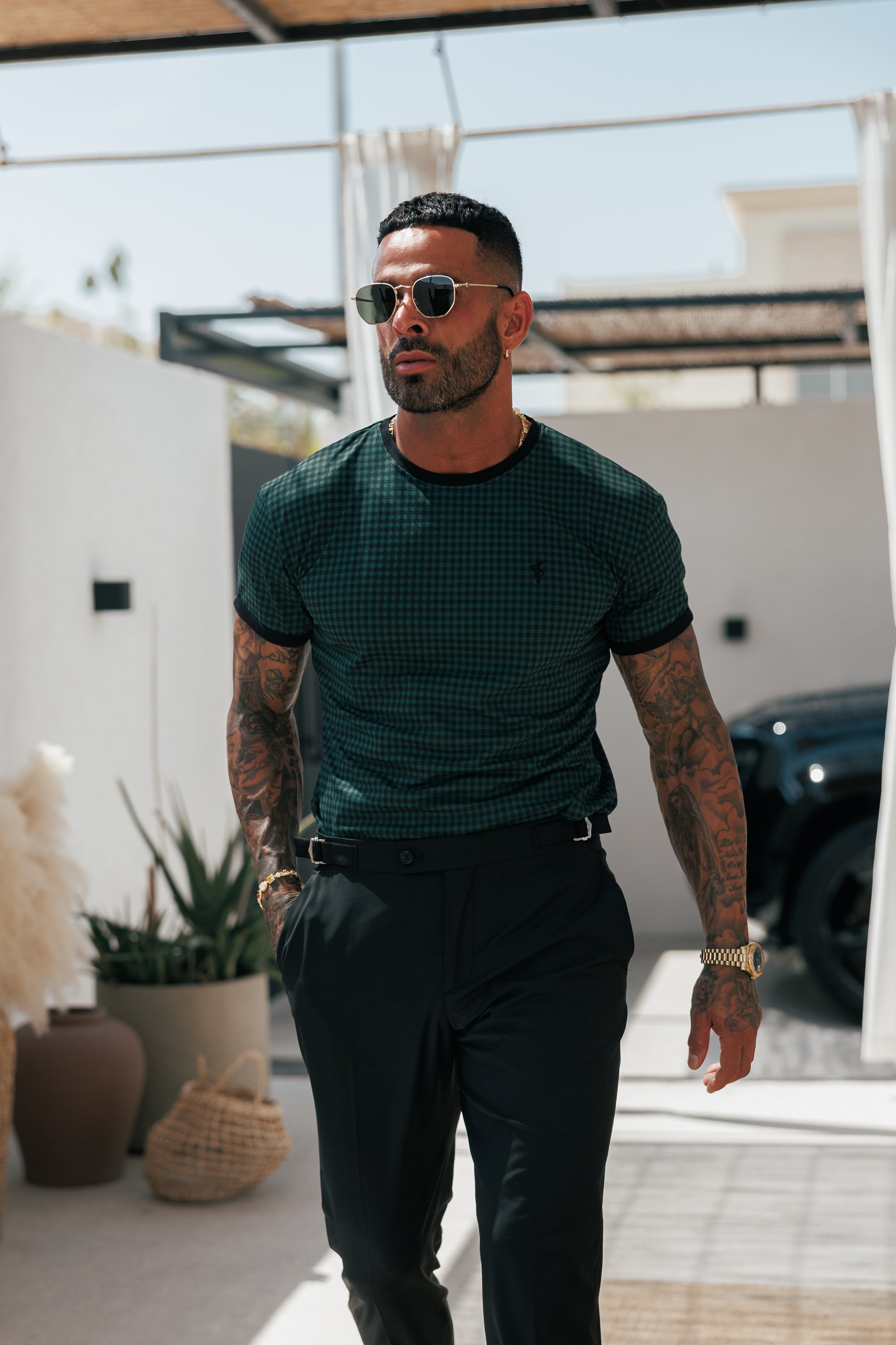 Printed Forest Green / Black Check Fitted T Shirt - FSH1241