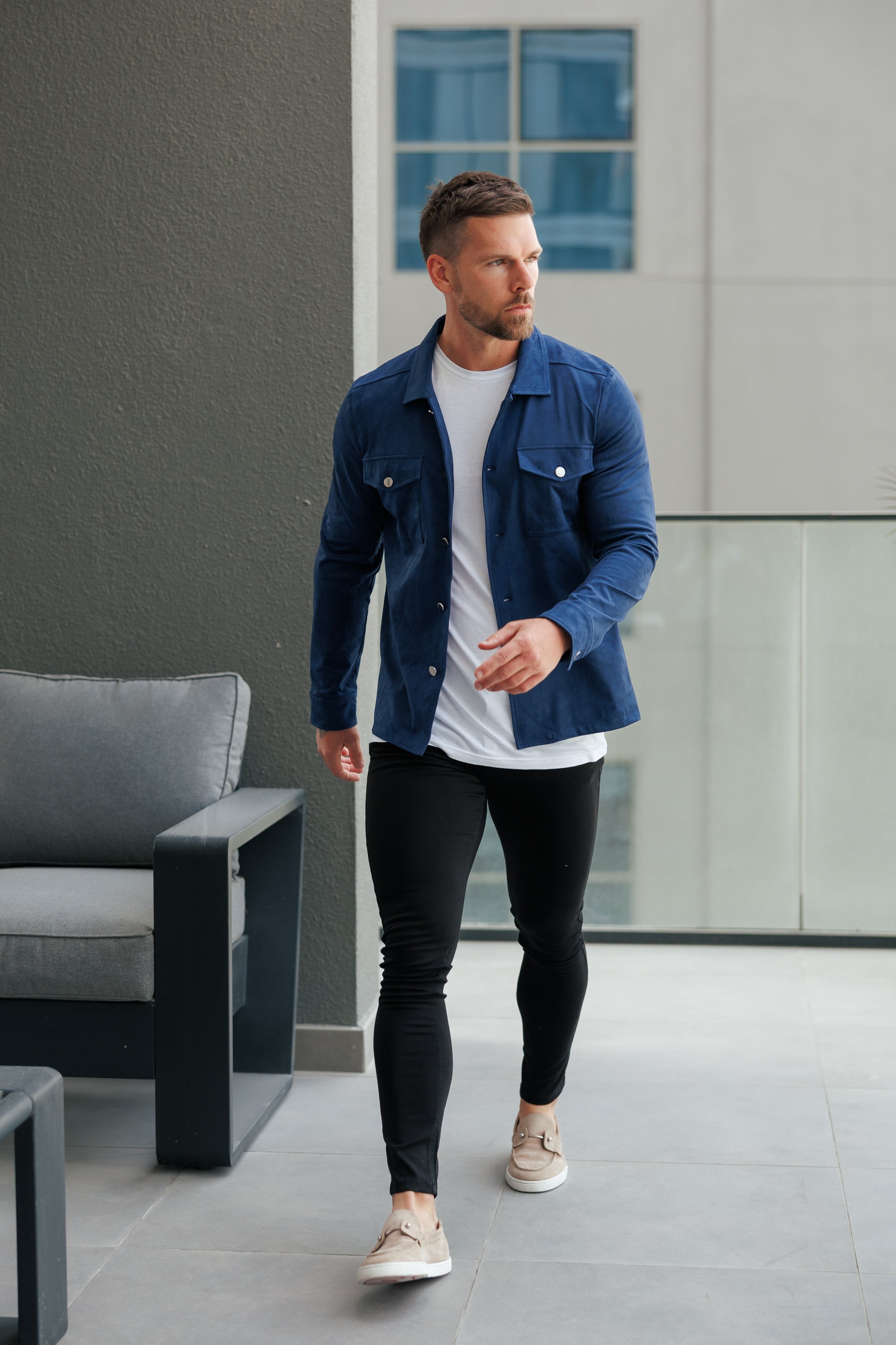 Suede Feel Button Up Jacket Navy / Silver - FSN221