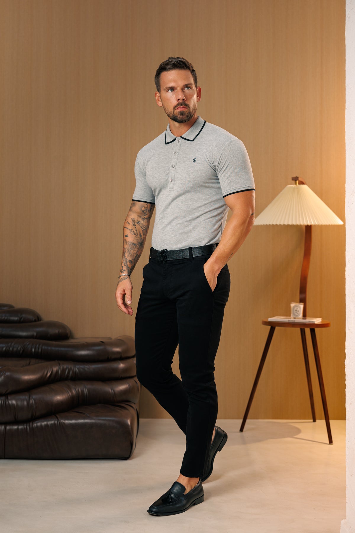 Light Grey / Black Polo Shirt With Contrast Collar and Sleeve - FSH1674