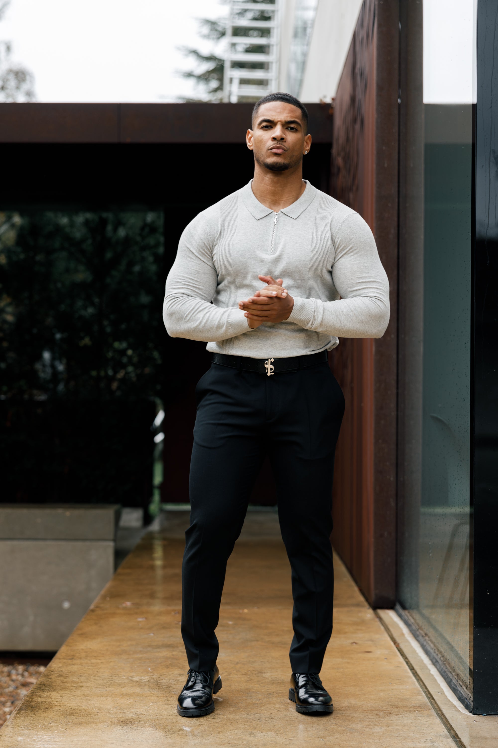 Classic Grey Marl and Silver Zip Knitted Polo Shirt Long Sleeve - FSN127