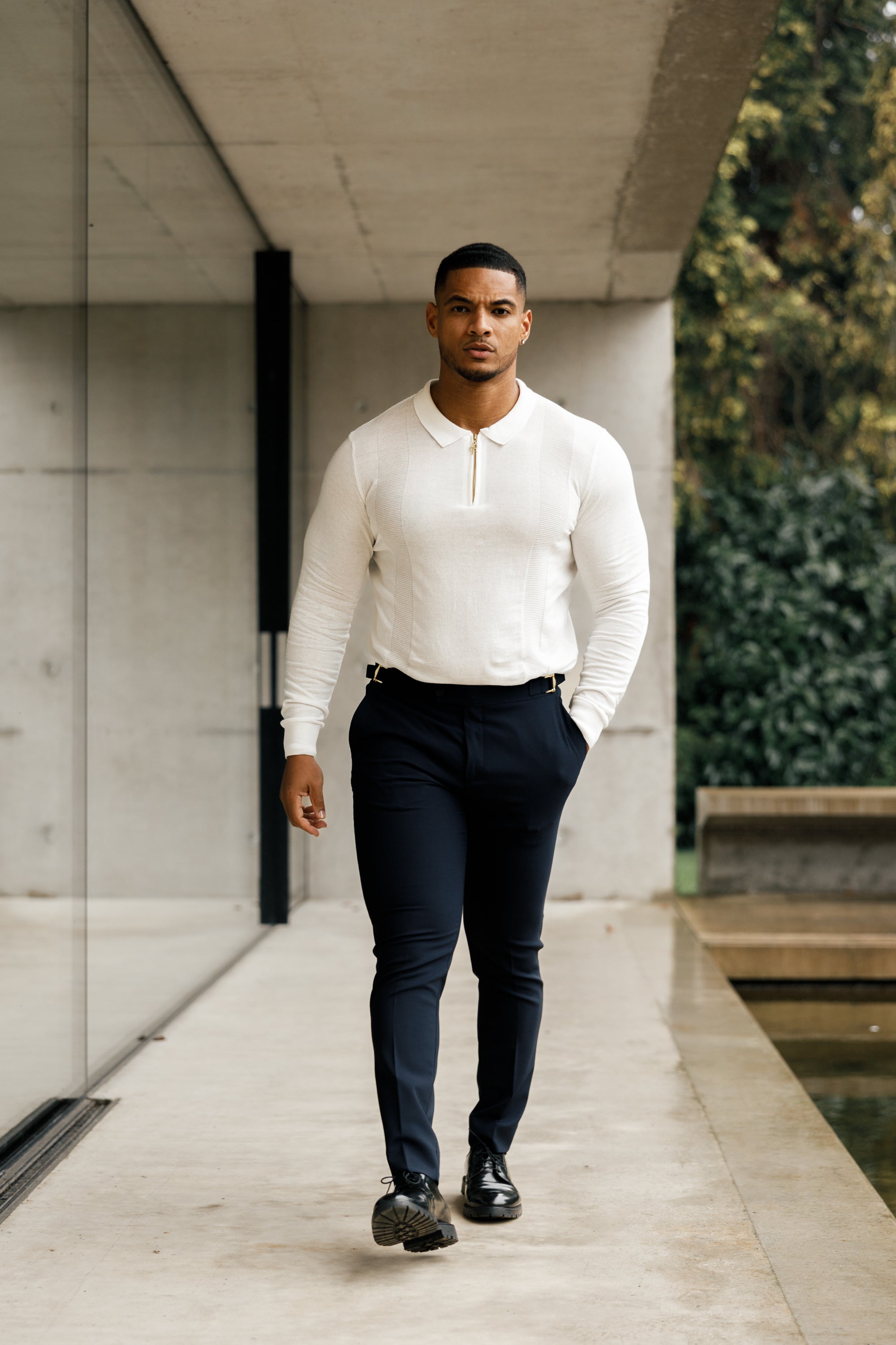 Classic White and Gold Zip Knitted Polo Shirt  Long Sleeve - FSN125