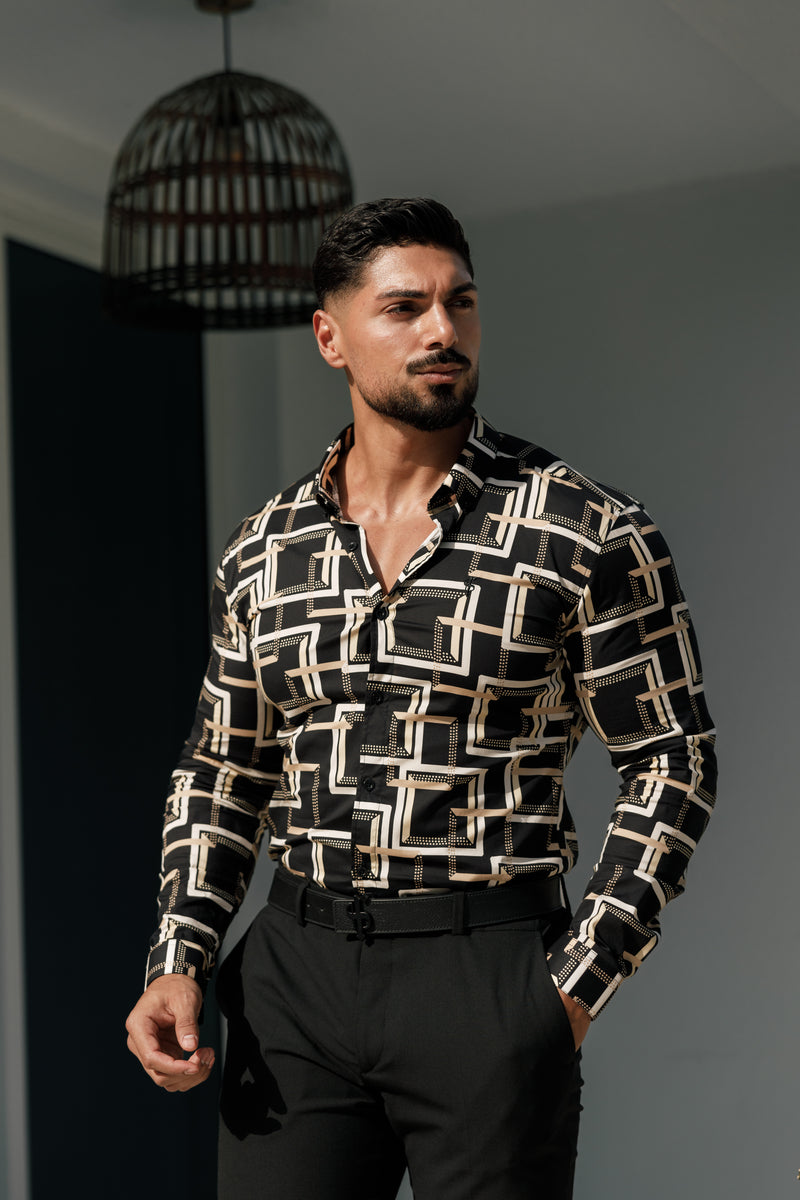 Father Sons Super Slim Stretch Black / Cream Interlinked Square Print Long Sleeve with Button Down Collar - FS850