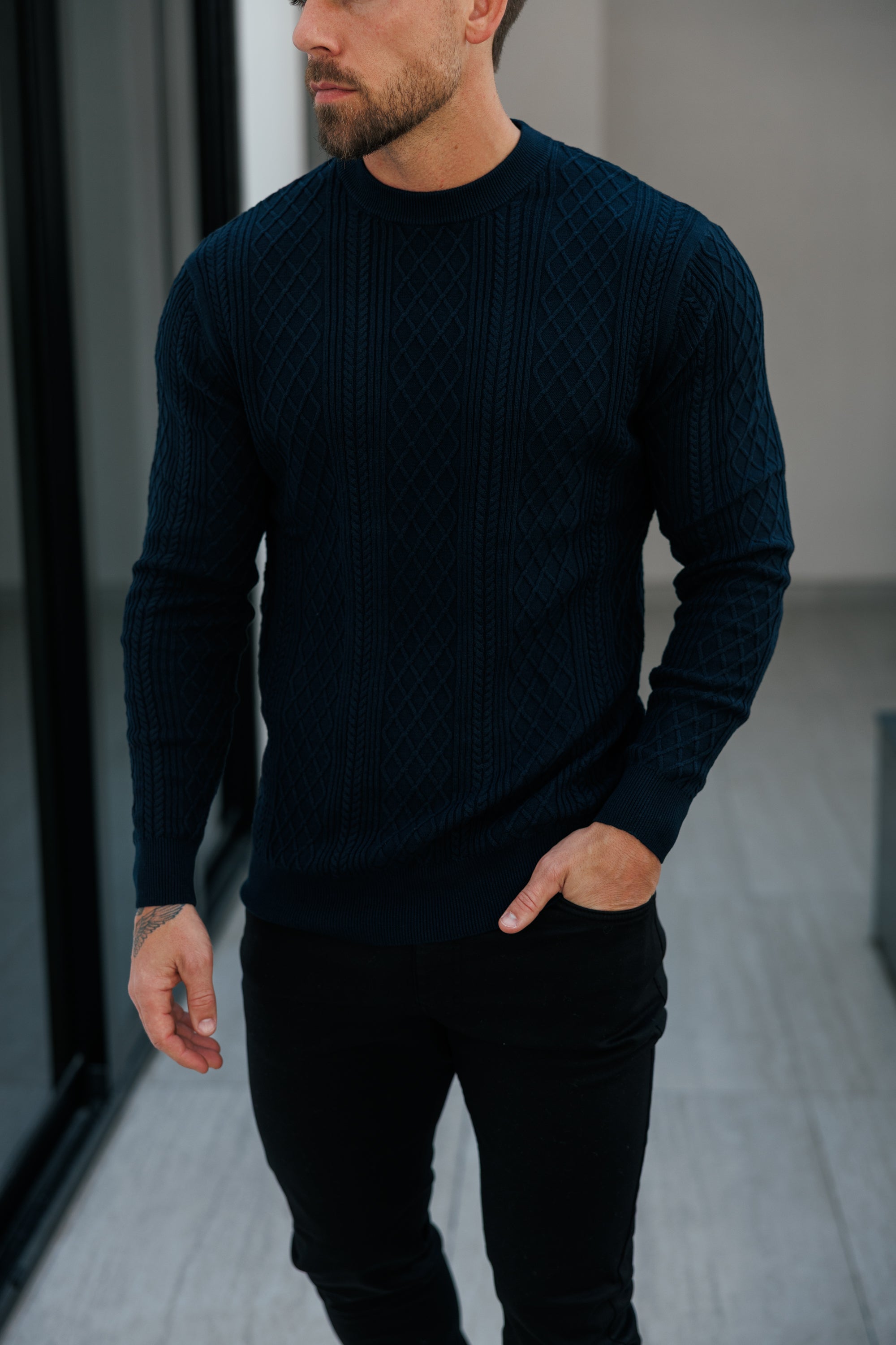 Fine Knit Diamond Navy Jumper Long Sleeve  -  FSA007