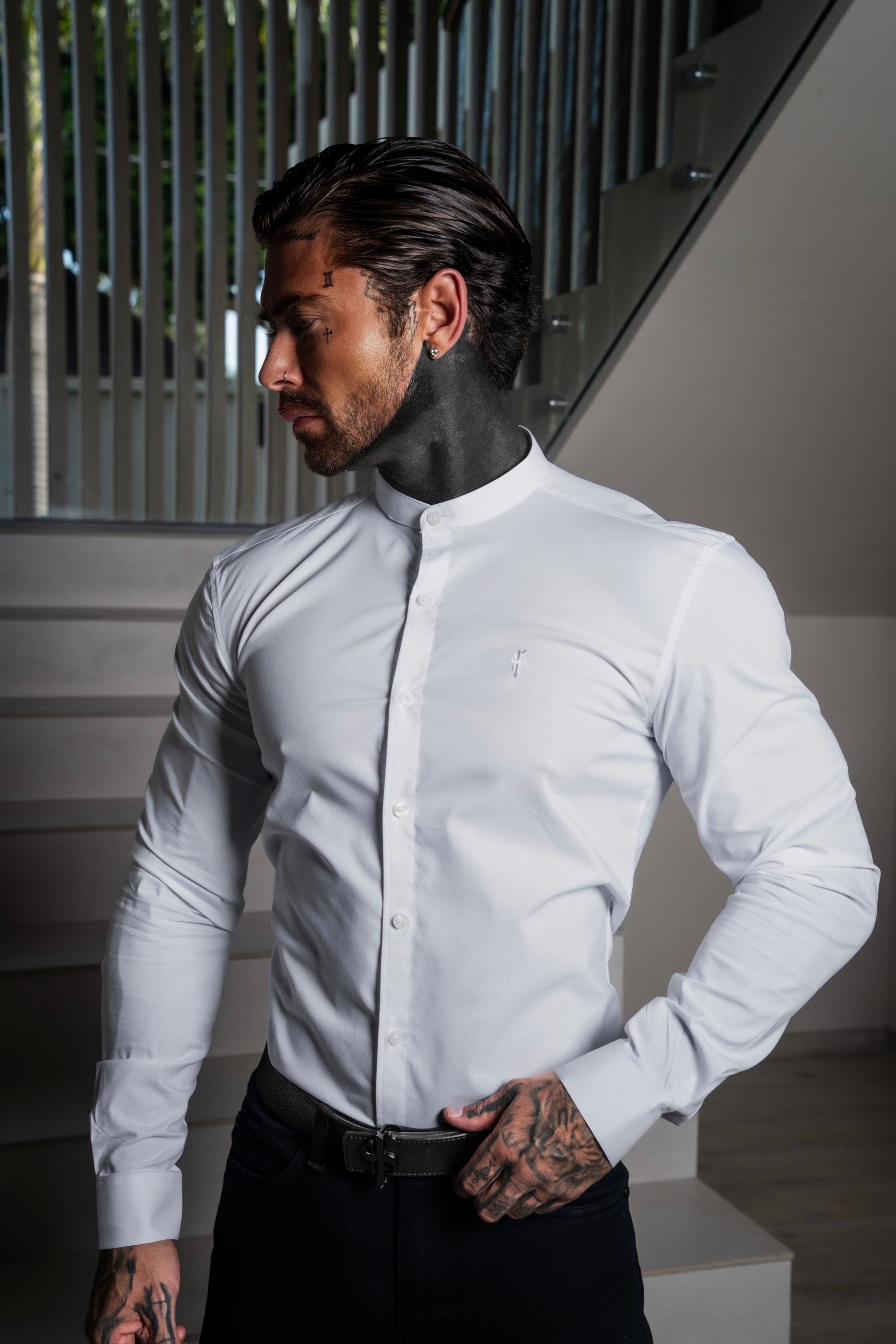 Apollo Classic Fit Stretch White Grandad Collar Shirt  - FS1257