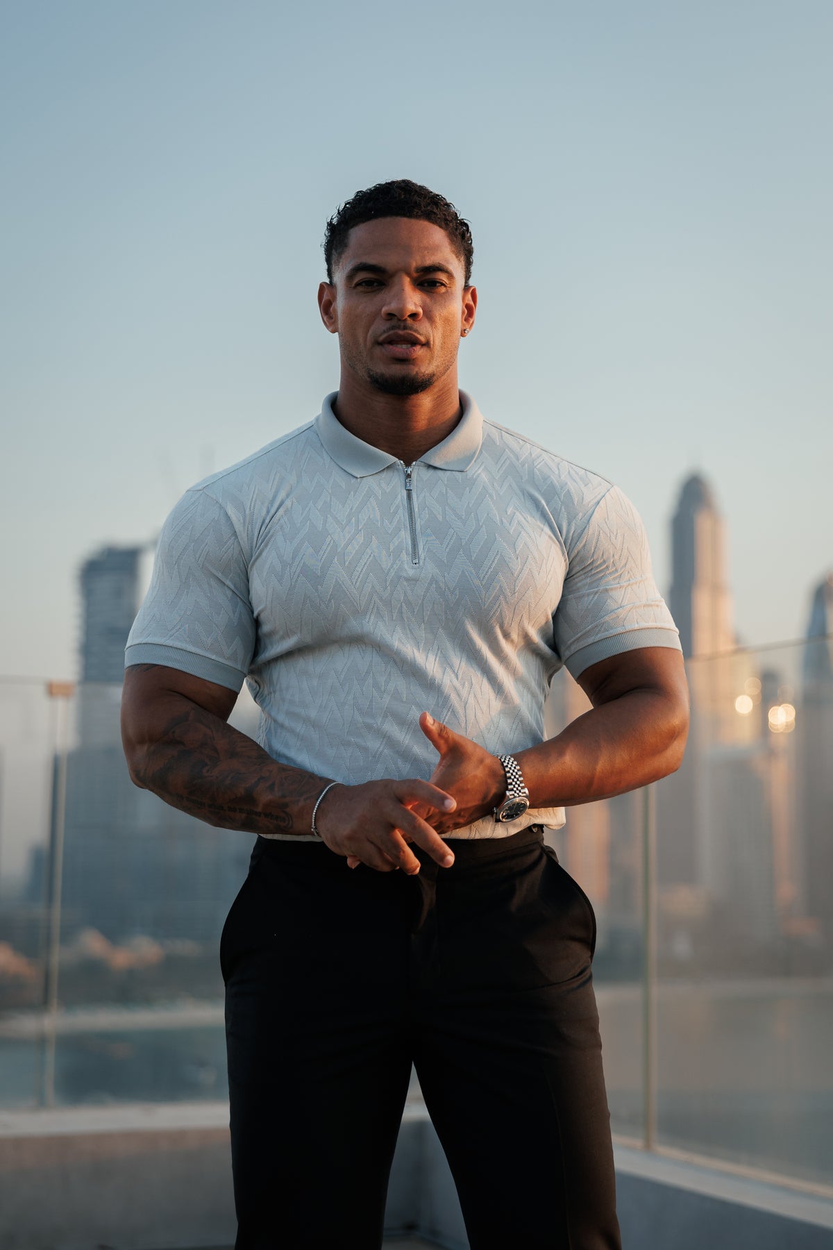 Classic Jacquard Light Grey Chevron Zipped Polo - FSR063