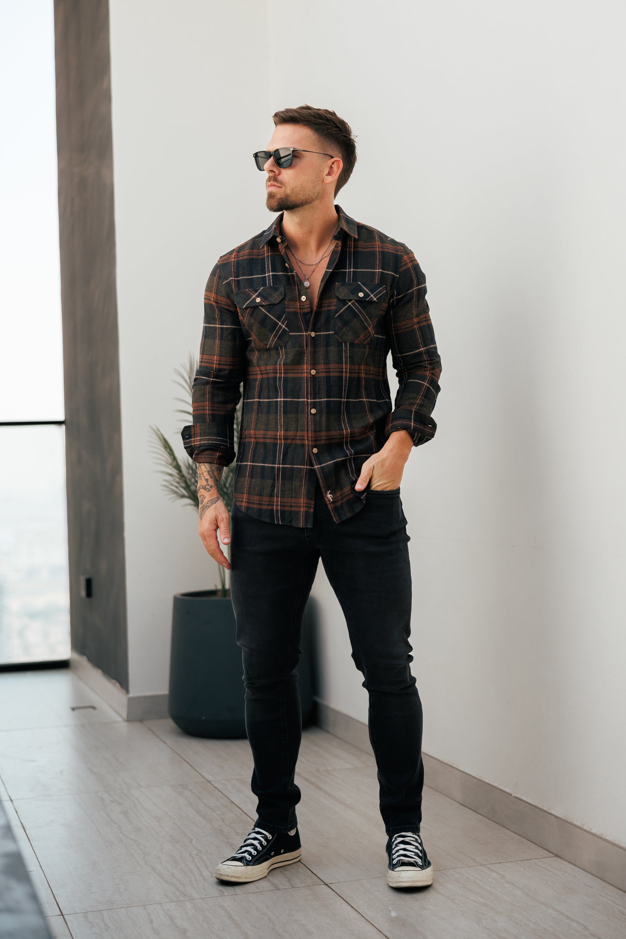 Brown Check Shacket With Double Pockets - FS1196