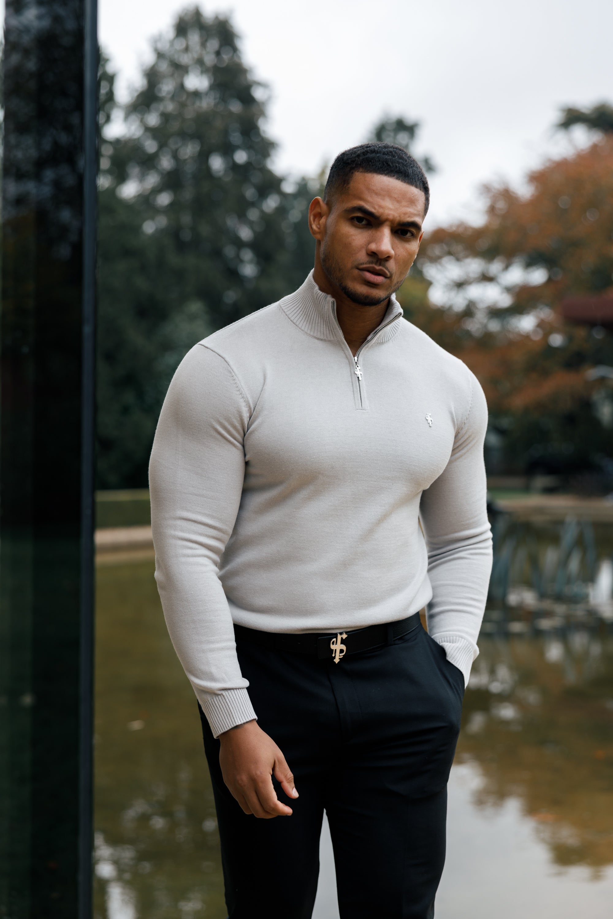 Silver Grey Funnel Neck 1/2 Zip Knitted Jumper - FSN123