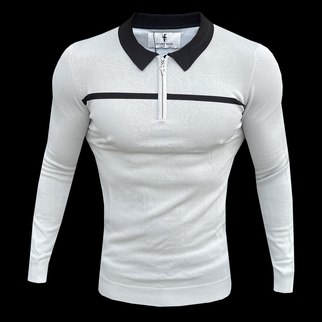 Classic Silver Grey / Black Horizontal Stripe Zipped Polo Long Sleeve - FSN049