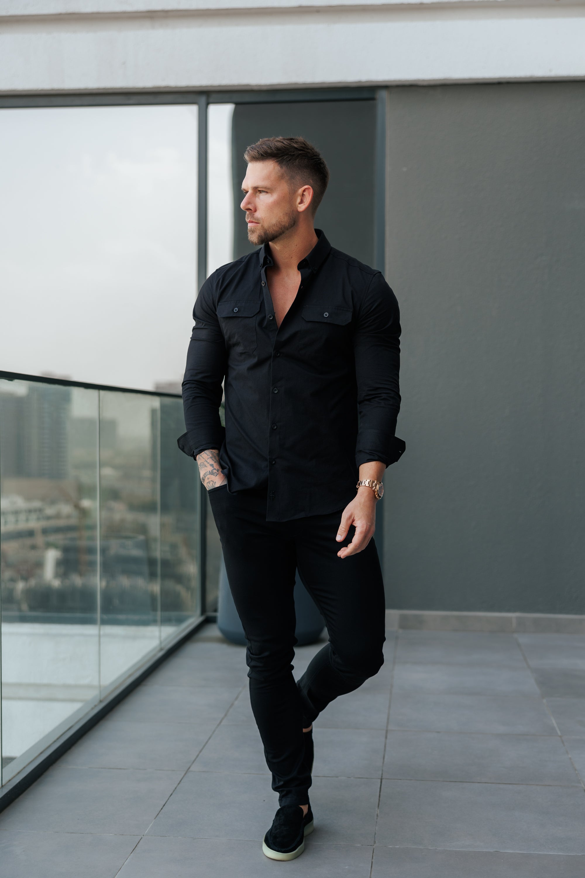 Classic Stretch LS Black with 2 Pockets and Flaps - FS1157