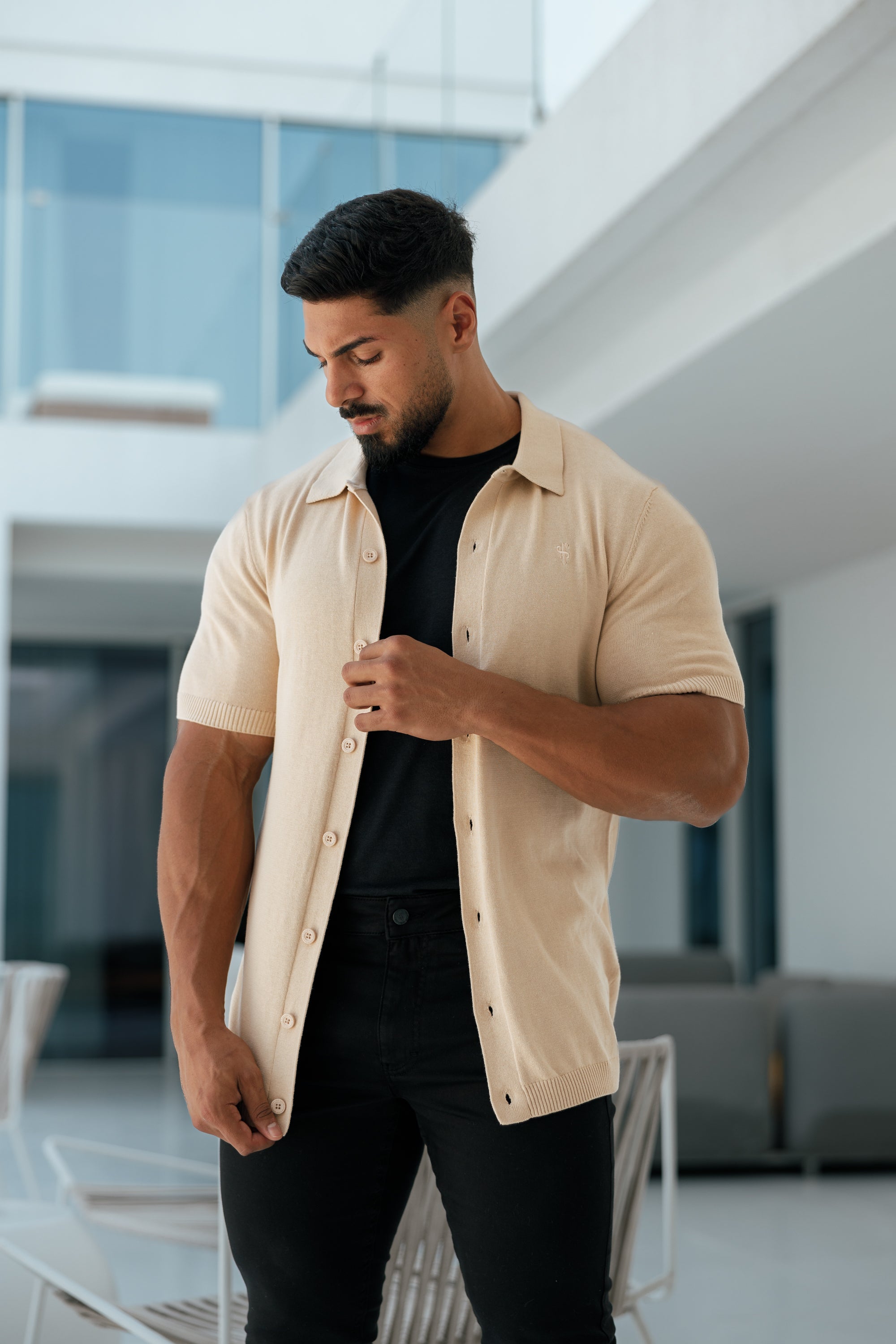 Classic Plain Beige Knitted Button Through Polo Short Sleeve - FSN104