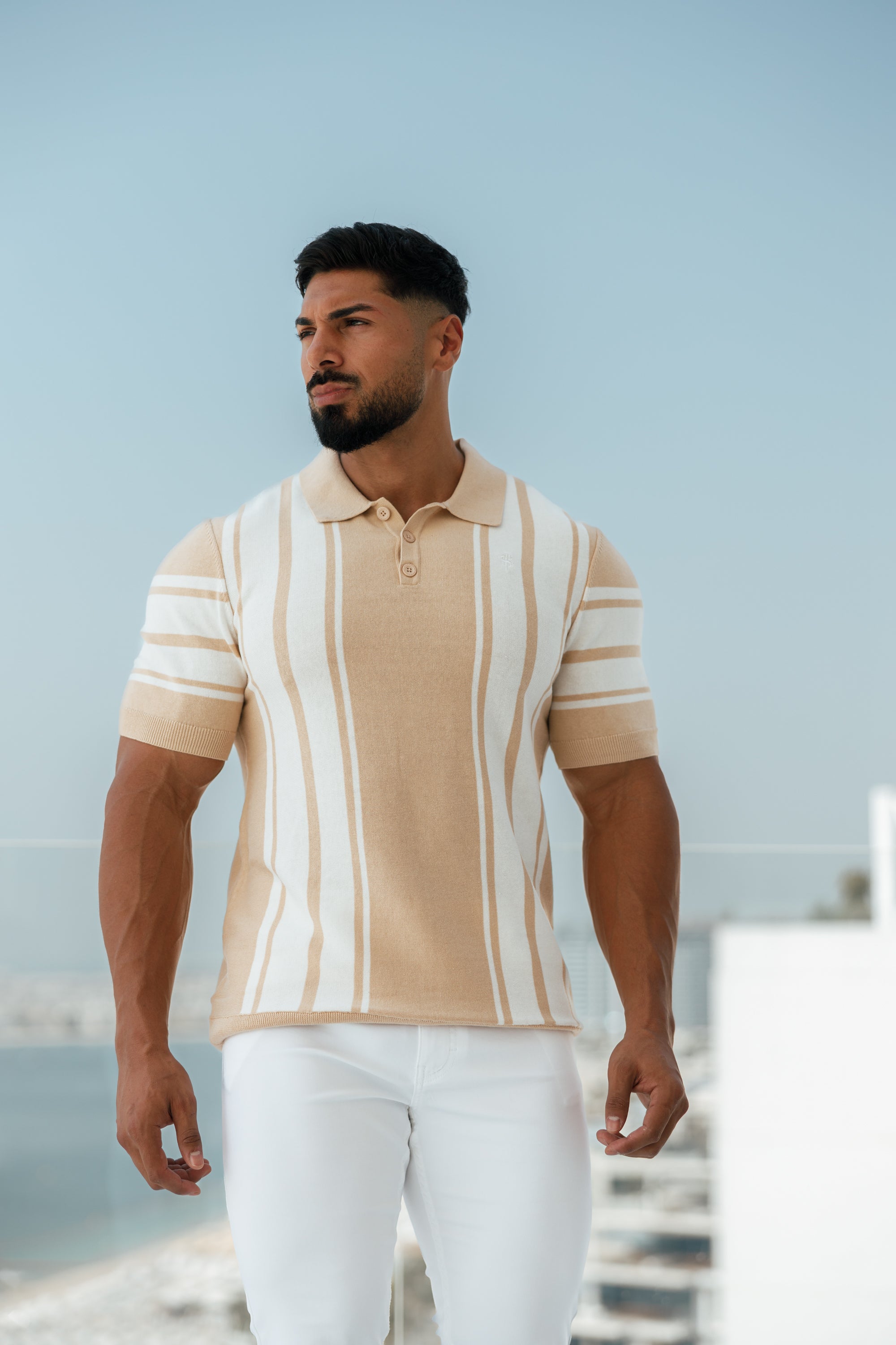 Classic Beige / Off White Knitted Vertical Stripe Polo Short Sleeve - FSN107
