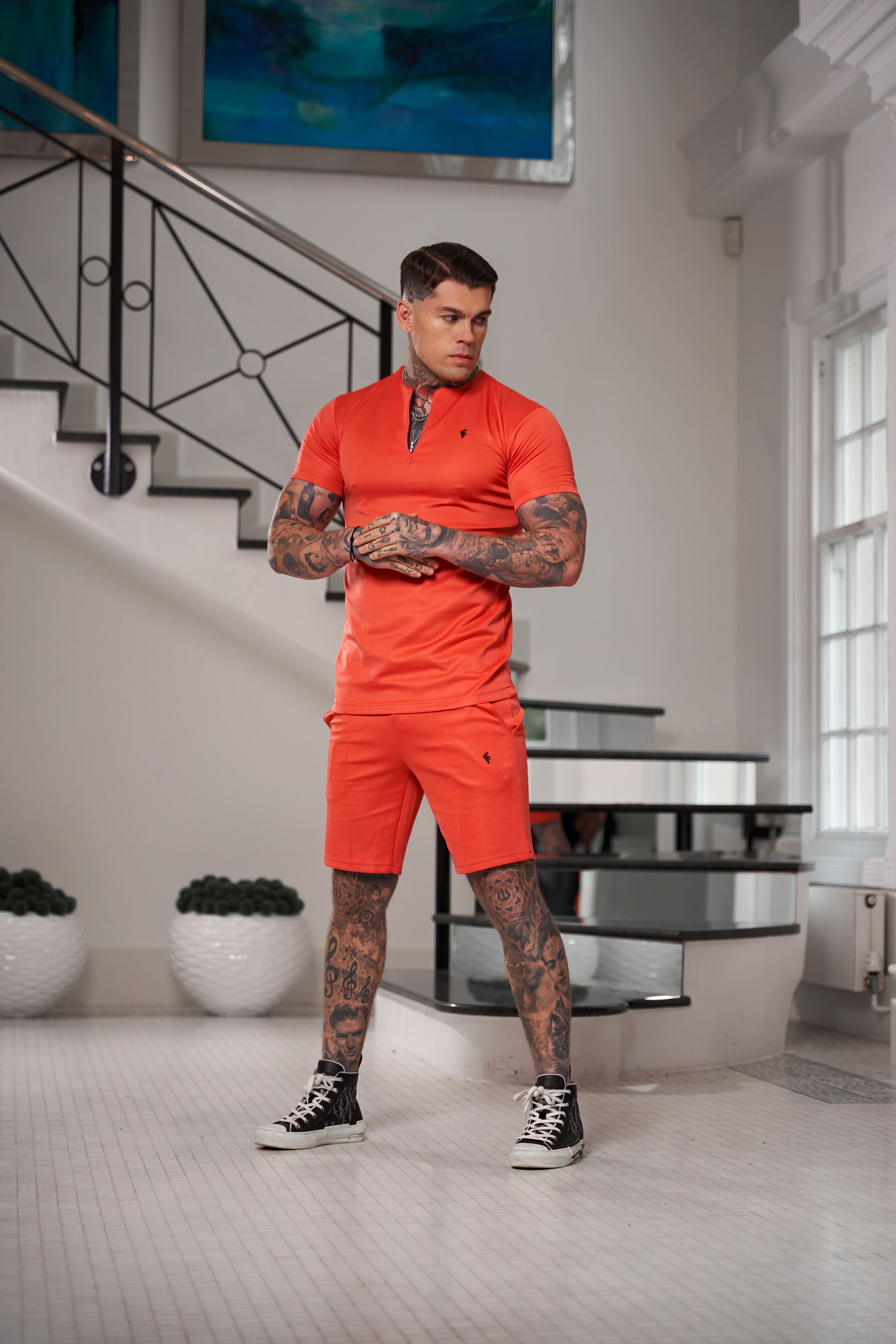 Scuba Coral / Black Crew T Shirt With Zip Detail Short Sleeve - FSH1036