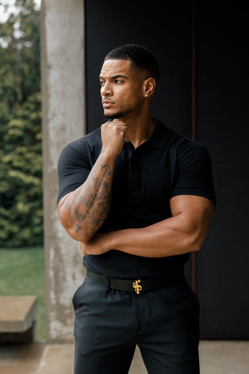 Father Sons Classic Black Polo Shirt with Tonal Button and Embroidery - FSH824