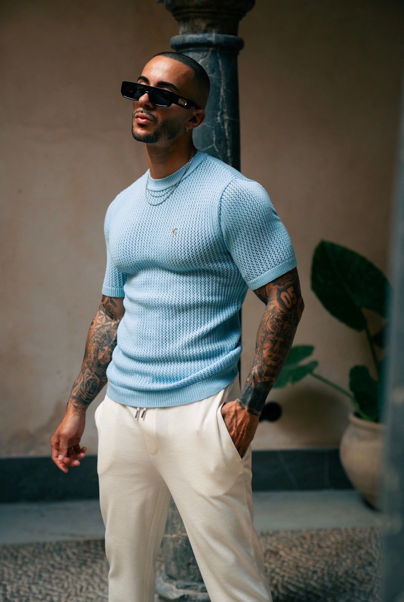 Light Blue Viscose Plain Knitted Short Sleeve T-Shirt - FSJ185 (PRE ORDER 12TH AUGUST)